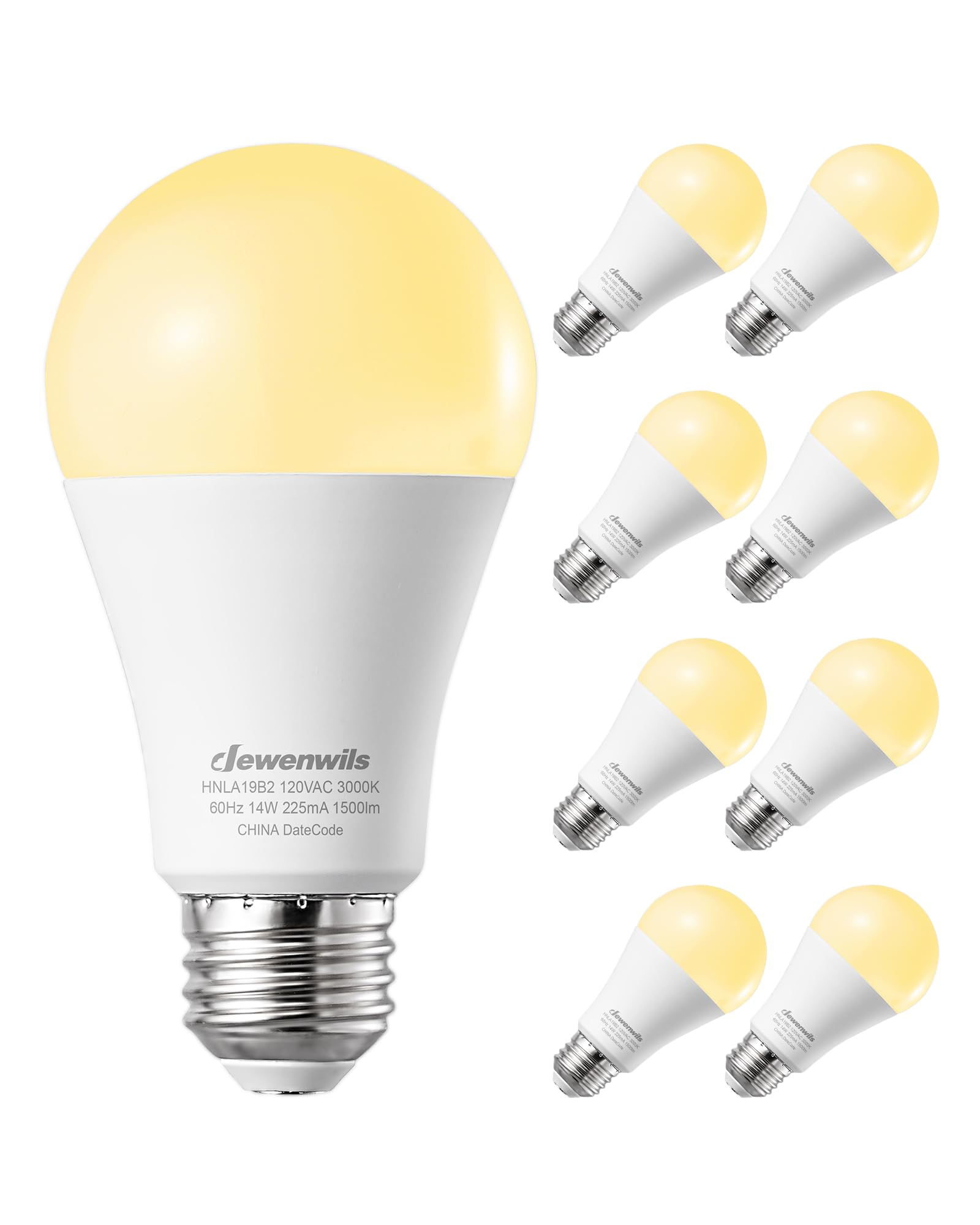 DEWENWILS 8-Pack A19 LED Light Bulb, 1500LM, 3000K Soft Warm Light Bulb, Energy Saving 14W(100W Equivalent) LED Bulb, E26 Medium