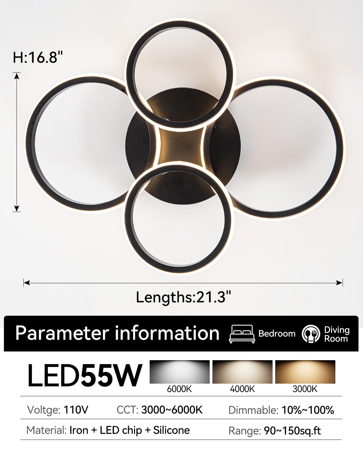 4 Ring Modern Led Ceiling Light Fixture With Remote Control, 3000K-6500K 3-Color Black Dimming Circle Modern Ceiling Light For B