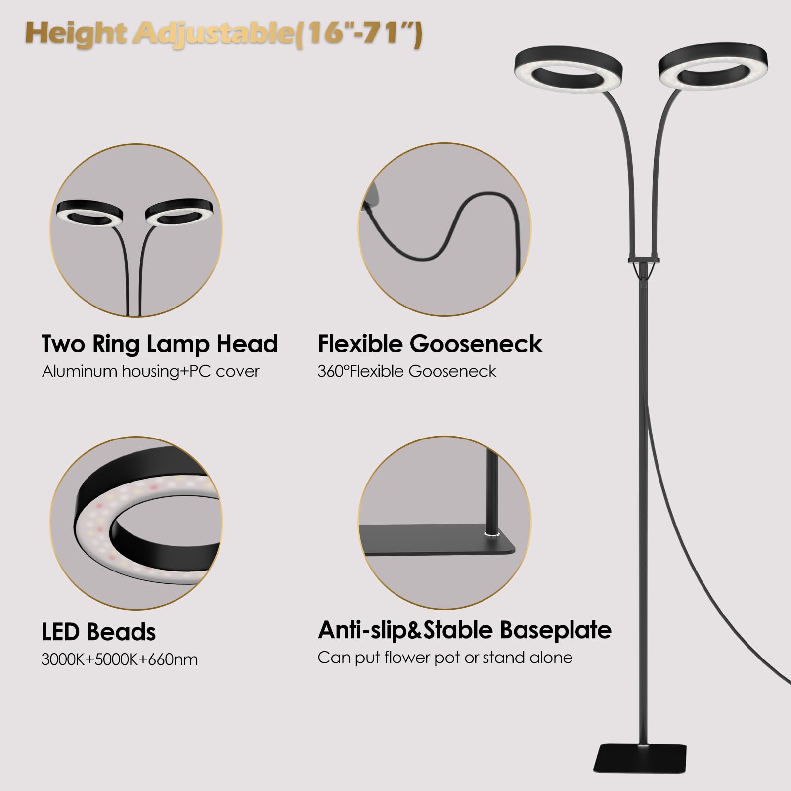GLOWRIUM 40W Grow Light with Stand, 2-Head Full Spectrum LED, 3/9/12H Timer, 6 Dimmable Levels, Adjustable Height, Black