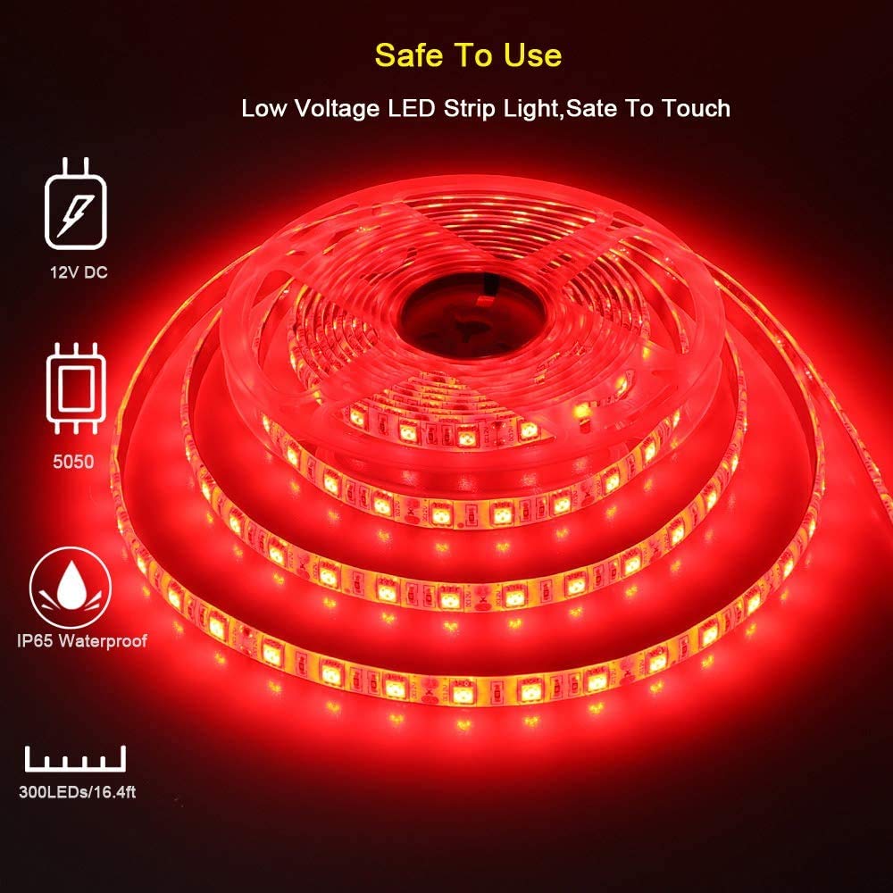 Vbakor LED Strip Lights for Boats, 12V 5M Waterproof, Red, Model VH284605, Ideal for Night Fishing and Pontoon Use
