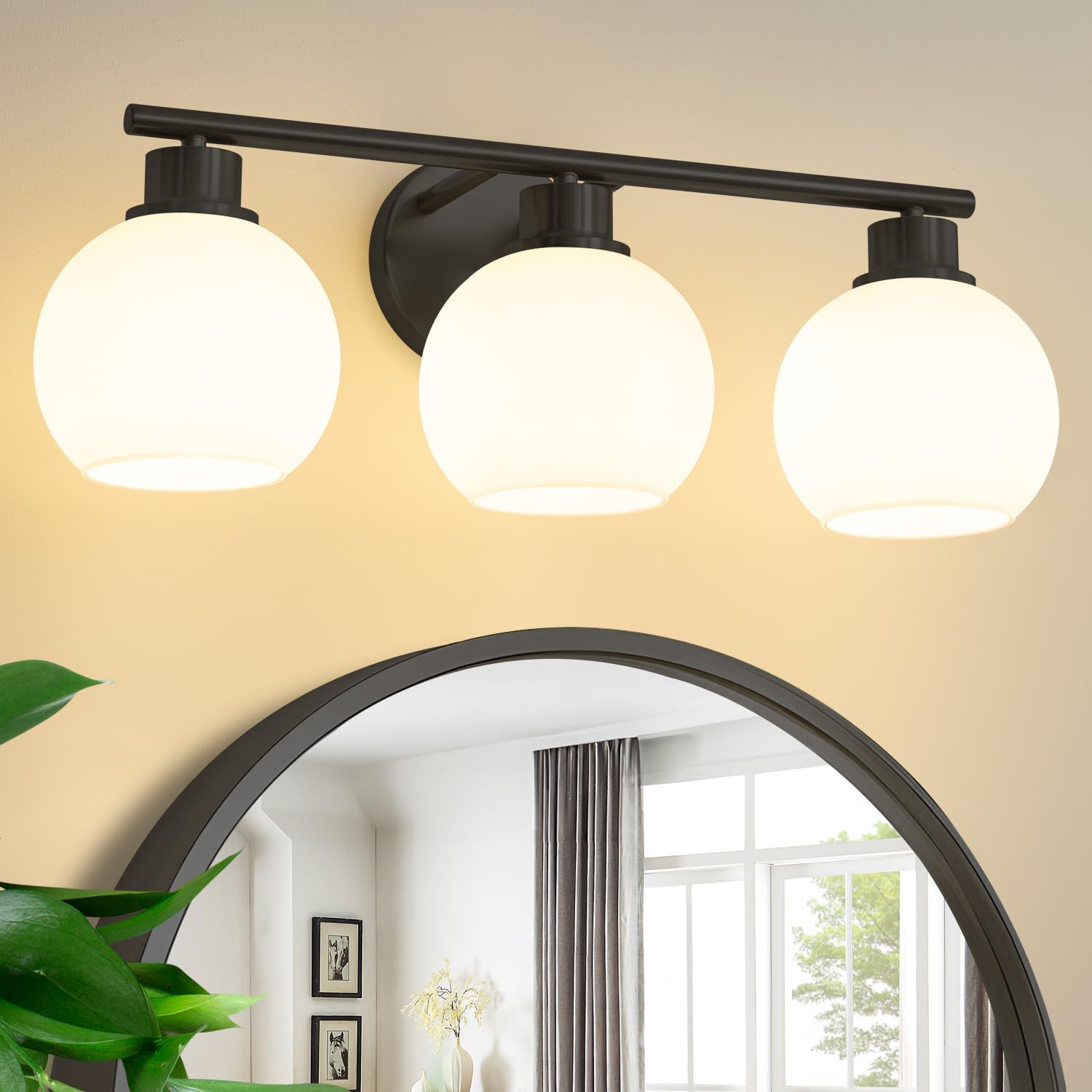 Lanmate Bathroom Vanity Light Fixture, 3-Light Over Mirror, Milk White Glass Shade, 21.65 inch, Matte Black, Mid Century Sconce