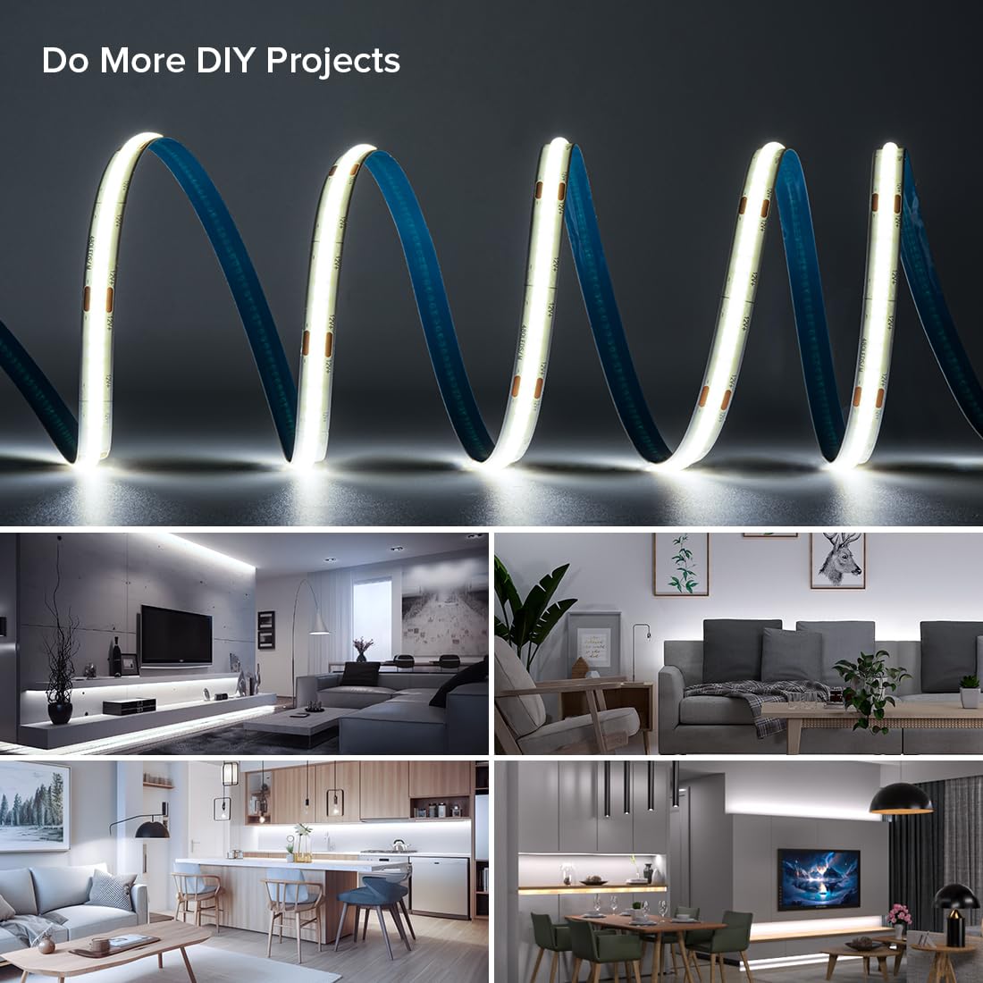 FCOB 16.4FT DC12V COB LED Strip 320 LEDs/m High Density Cool White 6000K Flexible Light for Home Decor