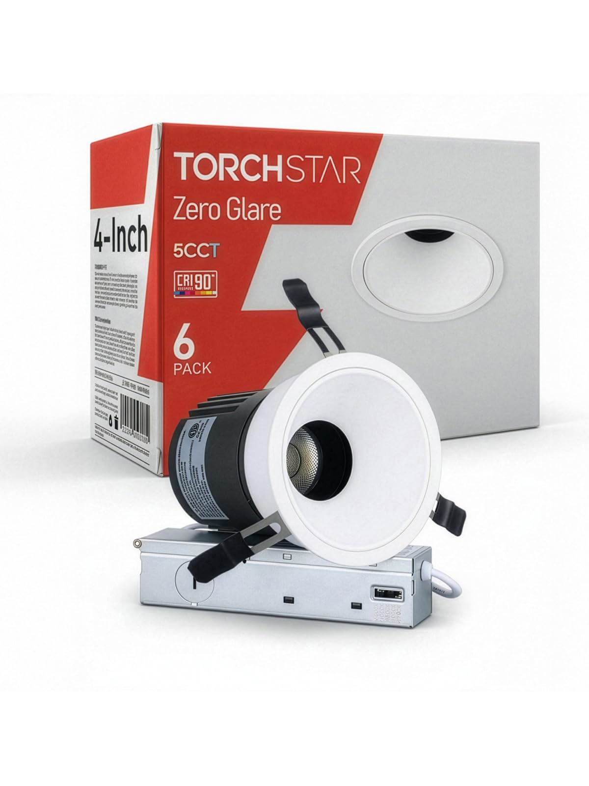 TORCHSTAR 4 Inch 5CCT Anti Glare LED Recessed Lights with J-Box, Deep Recessed Zero Glare Canless Downlight, Ultra-Slim Trim Gim