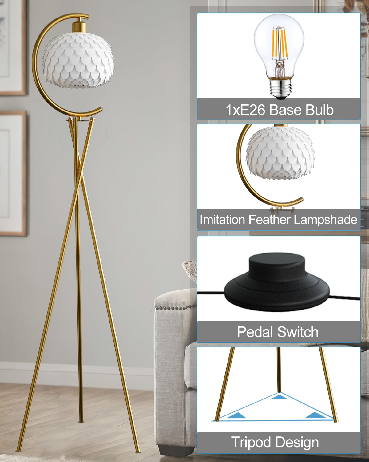 Lightdot Modern Floor Lamp With Arc Imitation Feather Lampshade Gold Tripod Floor Lamp With E26 3000K Bulb Stable Base Vintage T