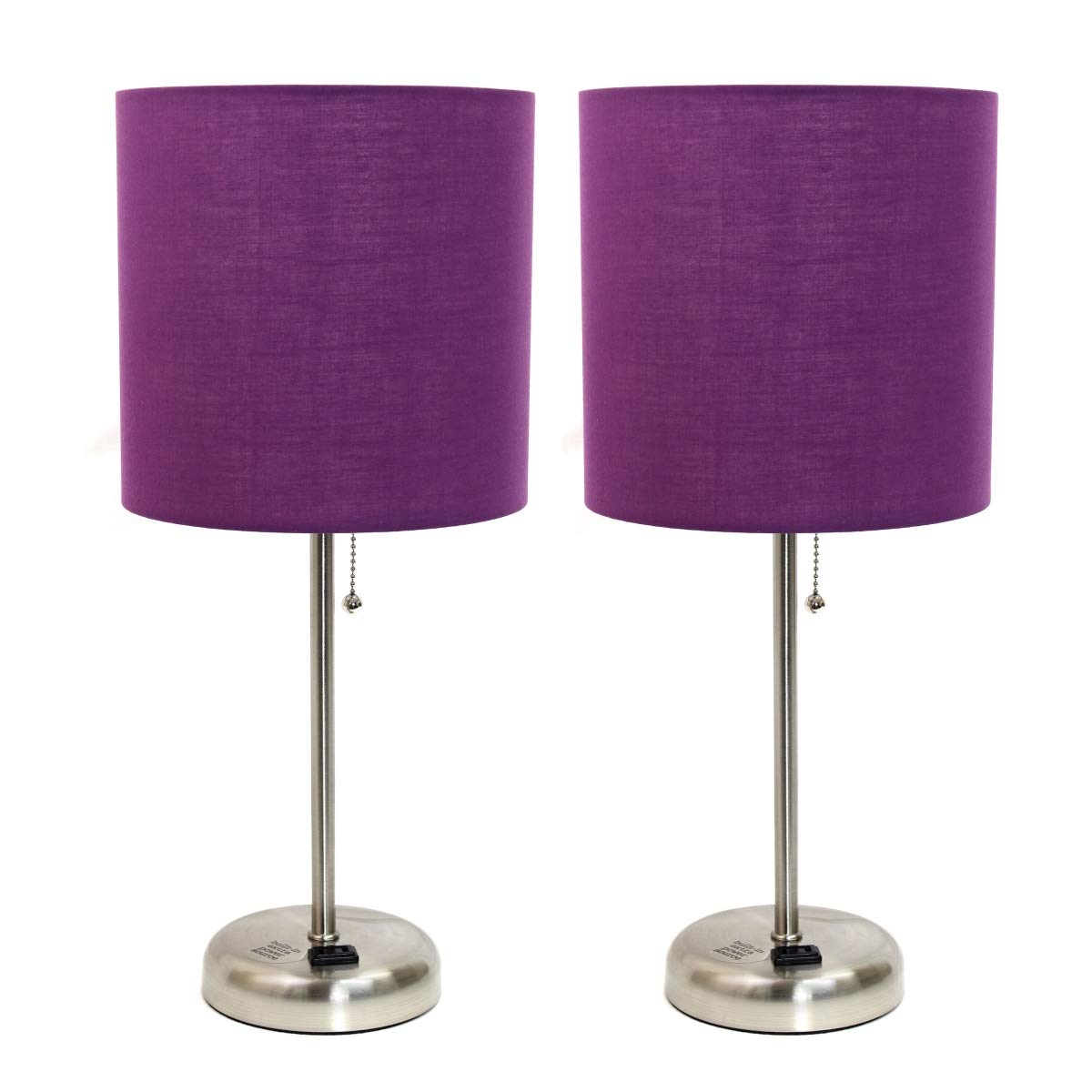Limelights LC2001-PRP-2PK Brushed Steel Stick Table Lamp with Charging Outlet & Fabric Shade44; Purple - Set of 2
