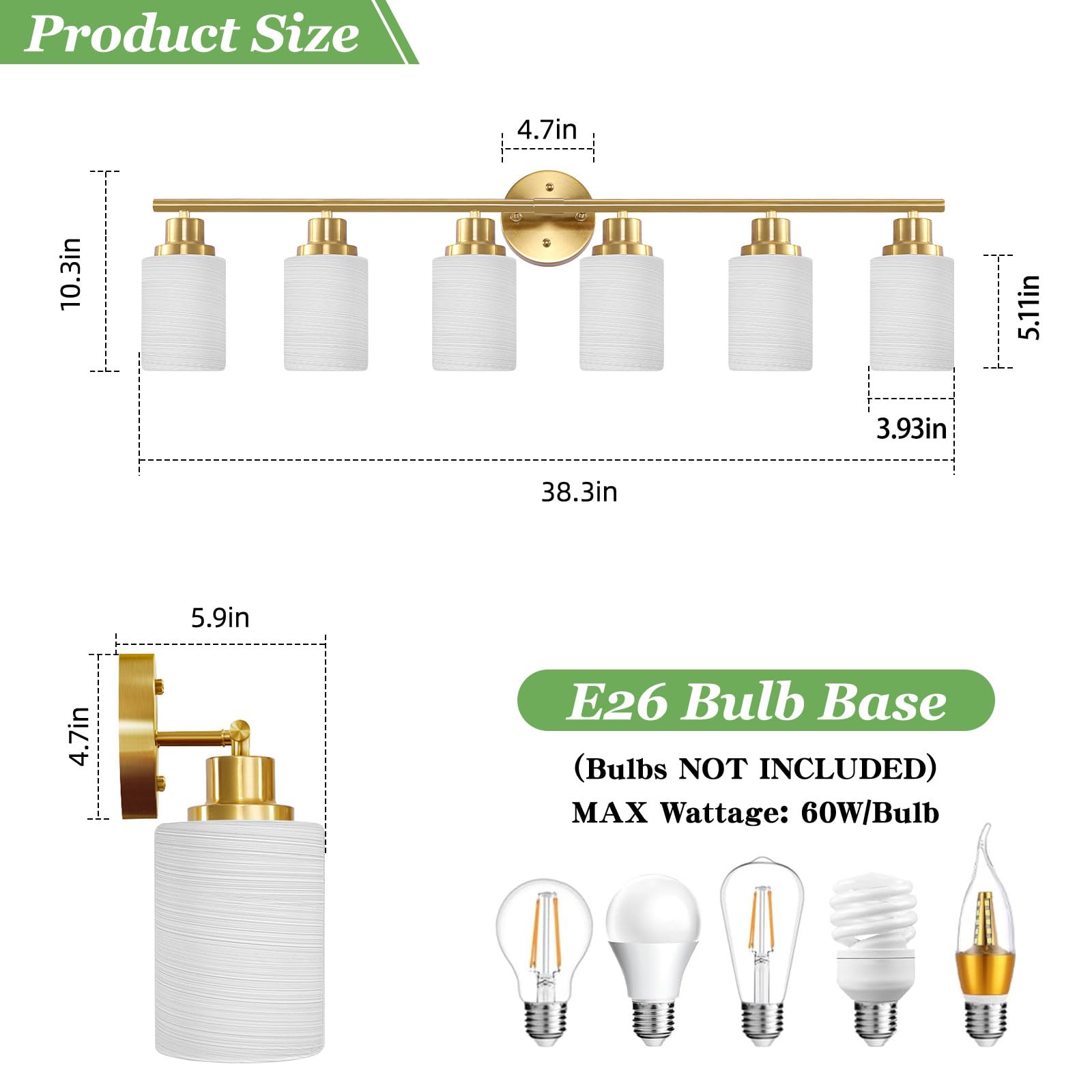 Guliaofo 6-Light Gold Bathroom Light Fixture, Bathroom Vanity Light Fixture Over Mirror, Bathroom Wall Lights With Milky White F