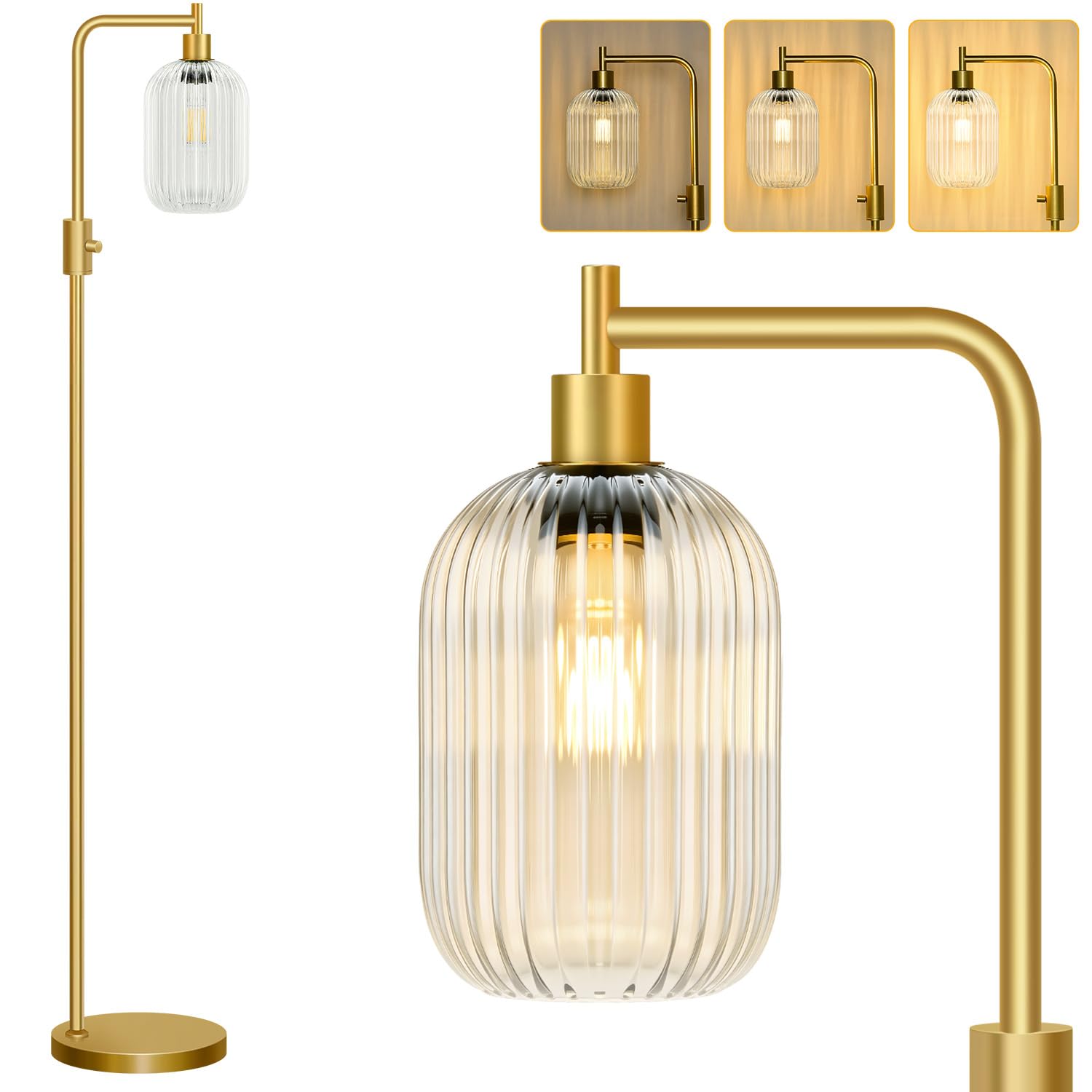 ?Upgraded? Dimmable Glass Floor Lamp for Living Room, Modern Gold Standing Lamp with Clear Ribbed Glass Lampshade & Knob Dimmer,