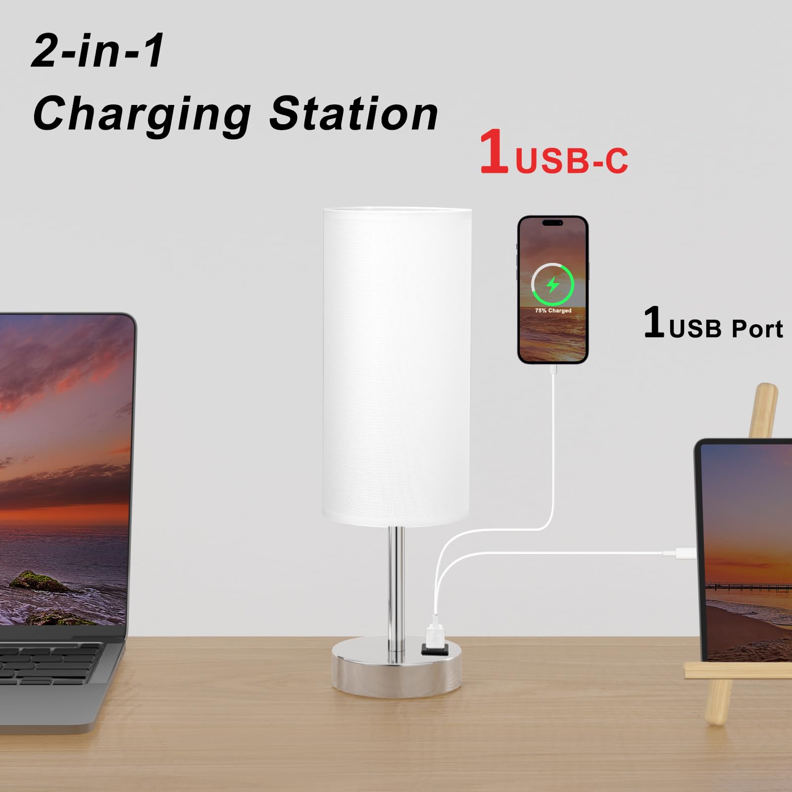 Bedside Table Lamps For Bedroom Set Of 2 - Touch Lamp For Nightstand With Usb-A+C Charging Ports - 3 Way Dimmable Small Desk Lam