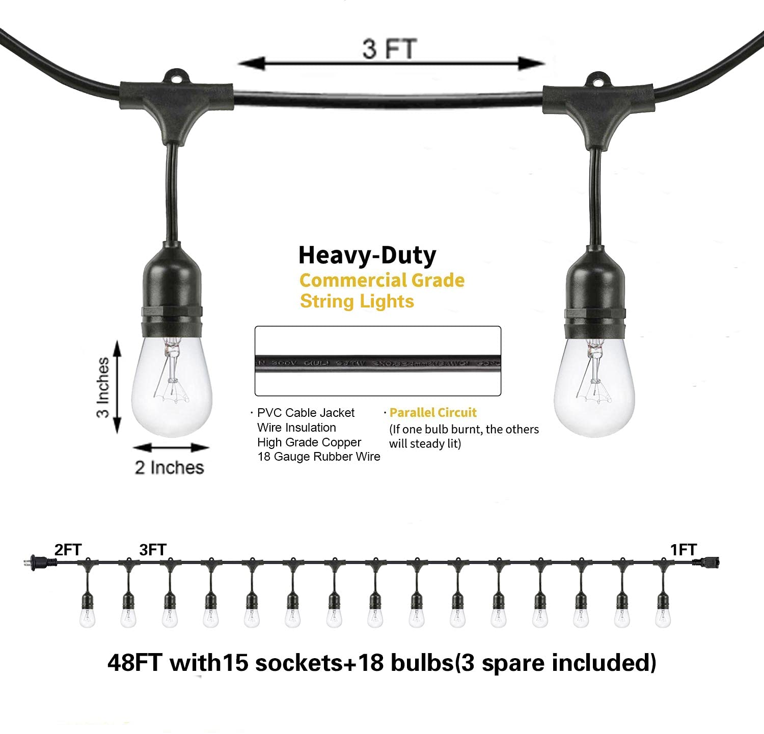 SUNTHIN Outdoor String Lights 48FT 2-Pack, Waterproof Dimmable Edison Bulbs, Black, Commercial Grade for Patio, Bistro, Holiday Decor