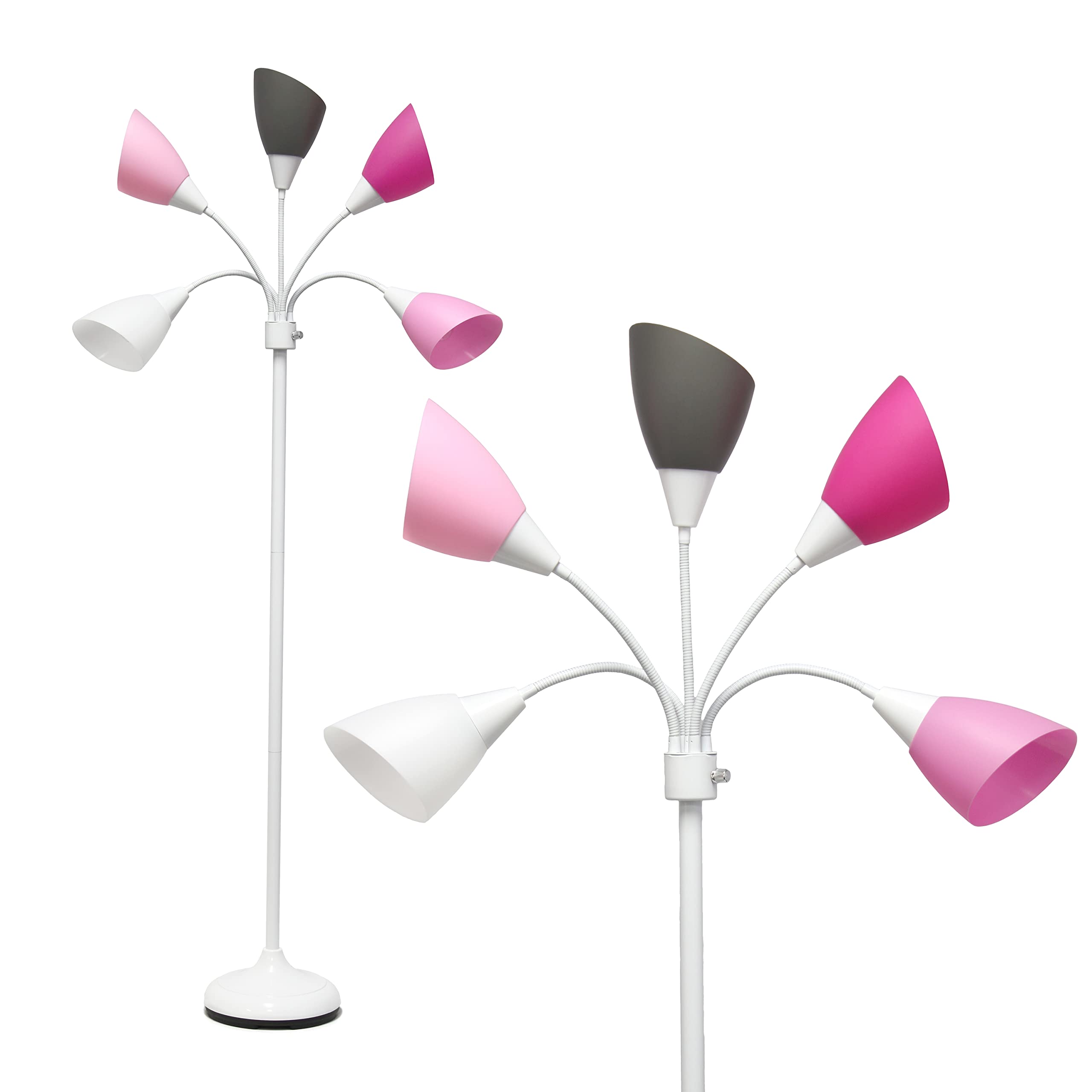 Simple Designs Lf2006-Wpg 67" Contemporary Multi Head Medusa 5 Light Adjustable Gooseneck White Floor Lamp With Pink, White, Gray Shades For Kids Bedroom Playroom Living Room Office, 30 X 10 X 67
