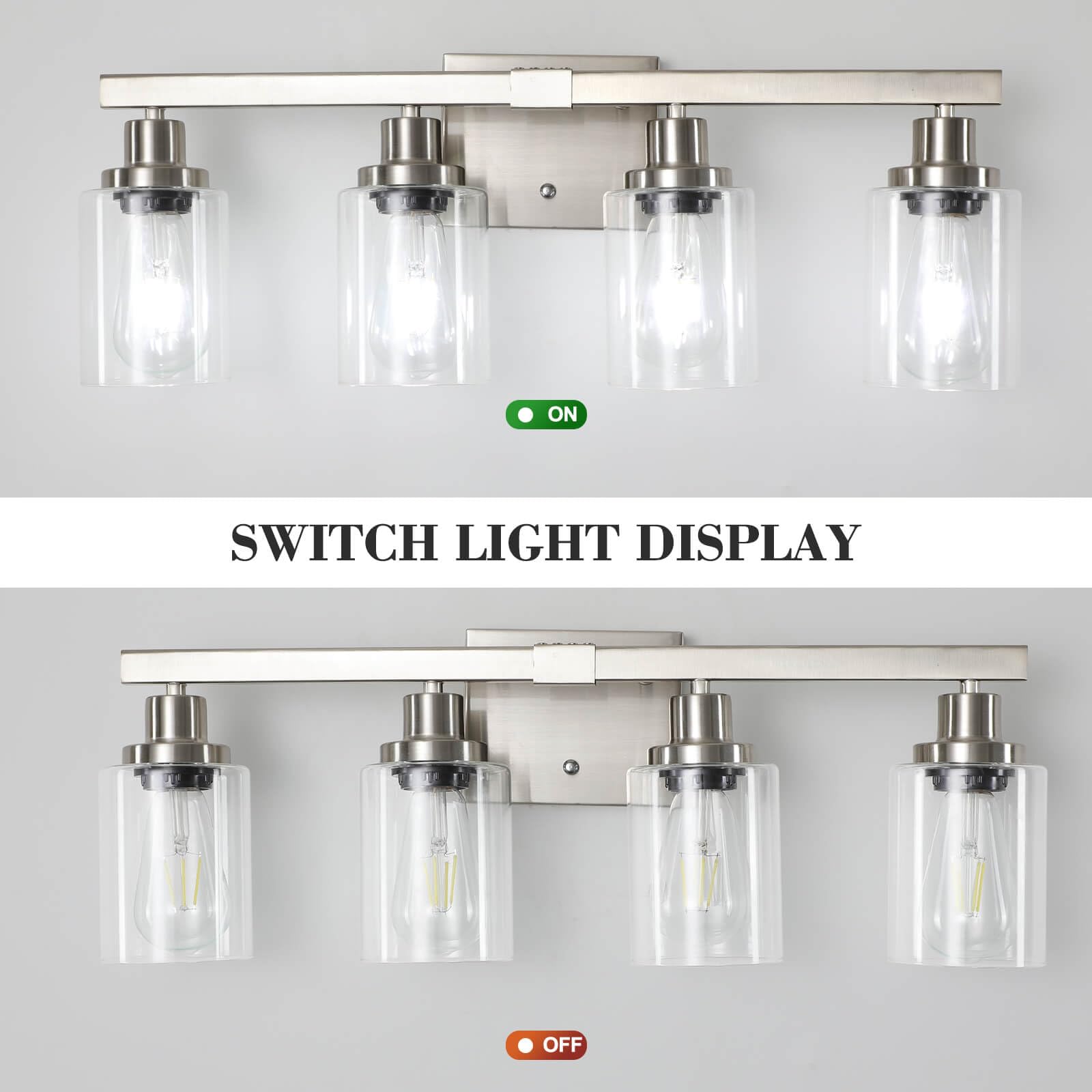 DIKAIDA Bathroom Vanity Light, 4-Light Nickel Metal Wall Sconce with Clear Glass Shade, Model NS-4