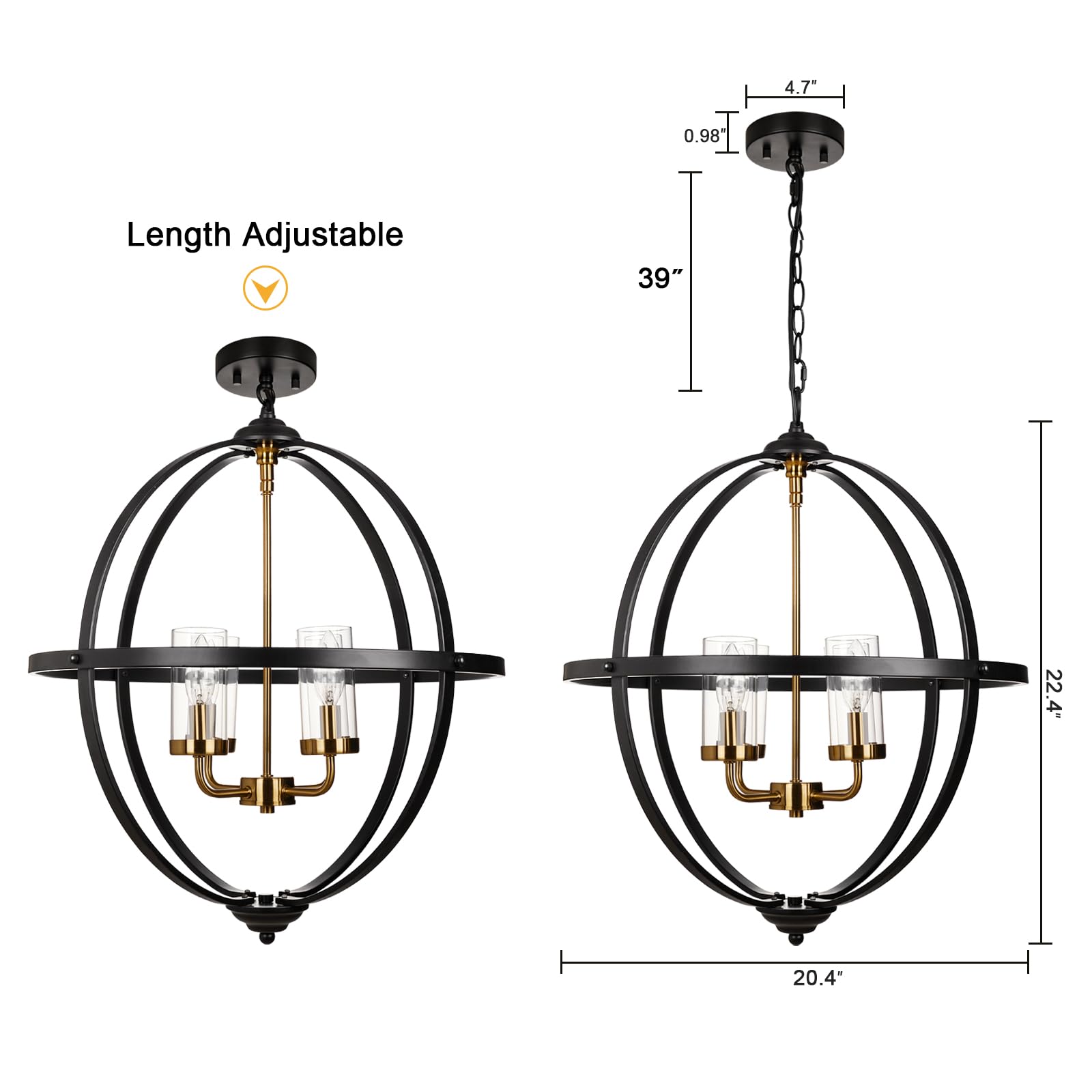 Treekee 20&quot; 4-Light Black And Gold Globe Chandelier Pendant Light For Kitchen & Living Room
