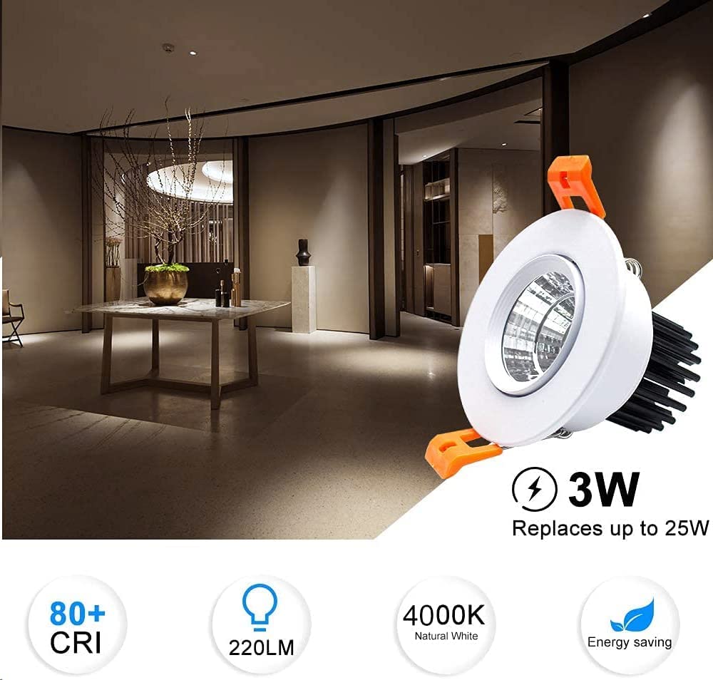 Inshareplus 2 Inch Led Downlight, 3W Cob Dimmable Recessed Lighting, 4000K Natural White, Cri 80, Led Ceiling Lights With Driver