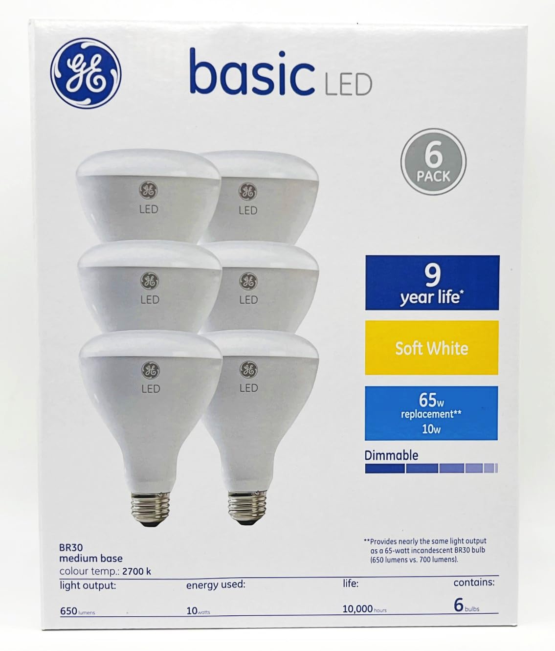 GE (6 Bulbs) LED BR30, 10 watt, 650 Lumen, Soft White 2700K, Dimmable, Medium Base