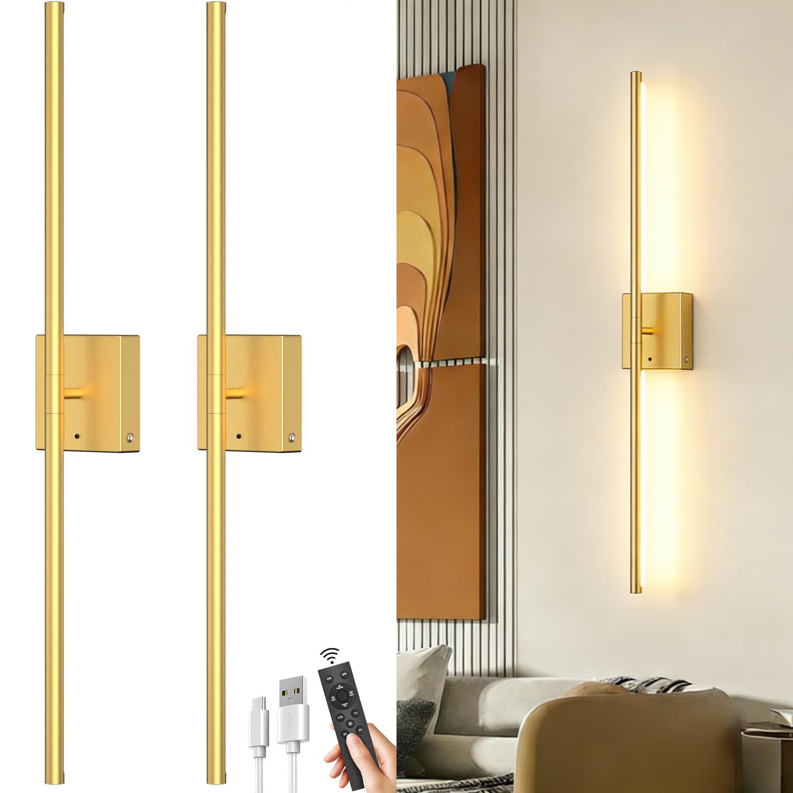 Battery Powered Wall Sconce Set of Two: Gold Wireless Rechargeable Wall Lights with Touch and Remote Control  360Rotatable 4CCT Dimmable Cordless Scone Lighting Decor for TV Wall Bedroom Bathroom