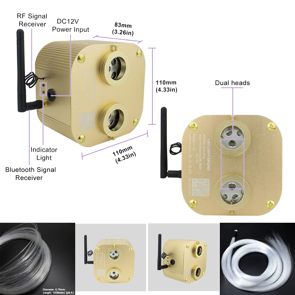 AZIMOM Bluetooth Fiber Optic Lights Kit, 20W RGBW, 860pcs 13.1ft Strands, Gold, Model QJ-L016, Remote APP Control