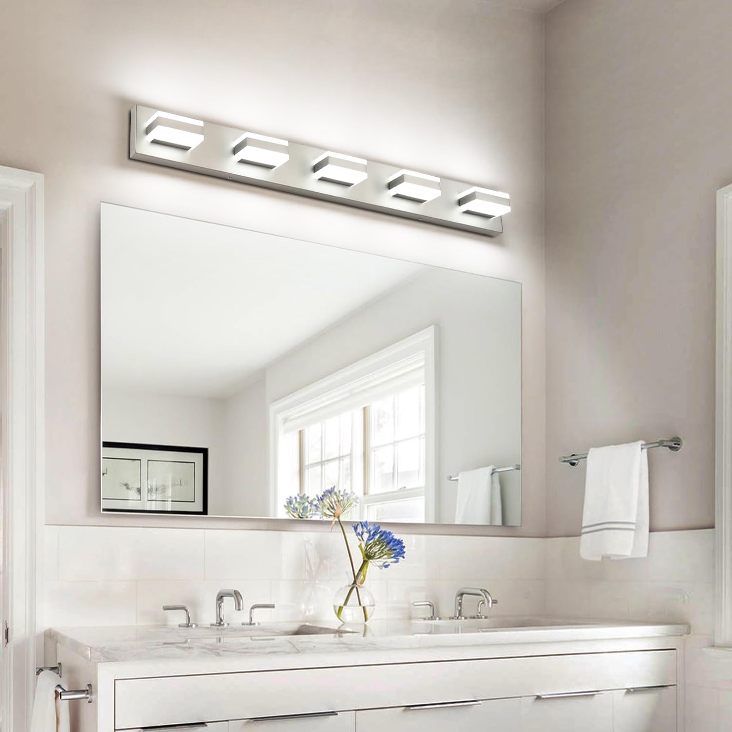 SOLFART 5-Light Bathroom Vanity Light Fixture, Brushed Nickel, 37.4 inch, Aluminum, Model S8568-5T-6000K-Nickel