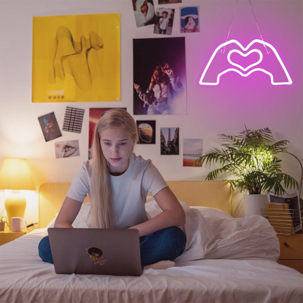 HMASYO Heart Hands Neon Sign - LED Wall Art with Dimmer, 15.7in, Pink Acrylic, Model 2411A, Ideal for Music Lovers, Parties, and Decor