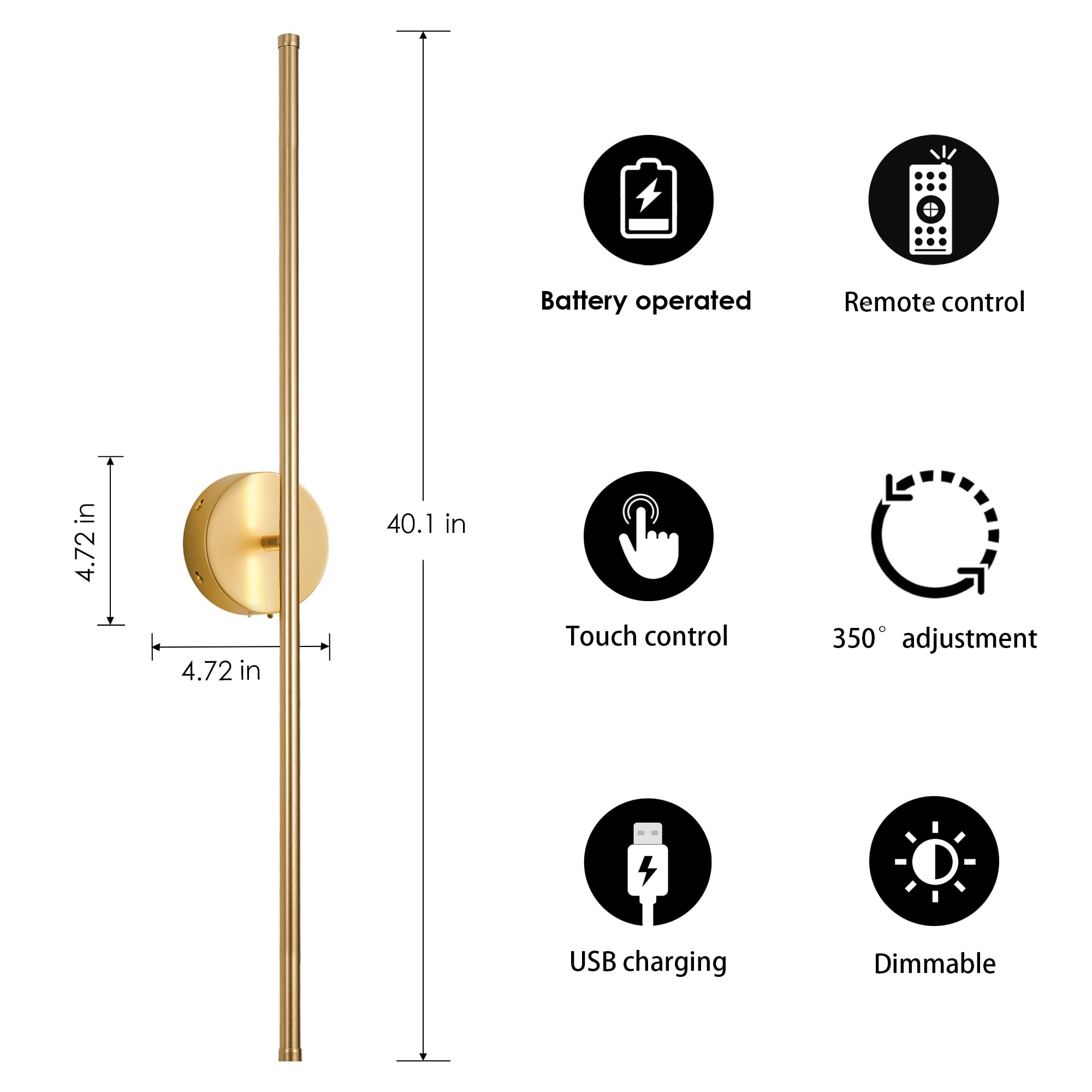 KARTOOSH Battery Operated Wall Sconces Set of Two, Dimmable, 40.1 Inch, Gold, Remote Control, 350° Rotate, Model ZM317BGD