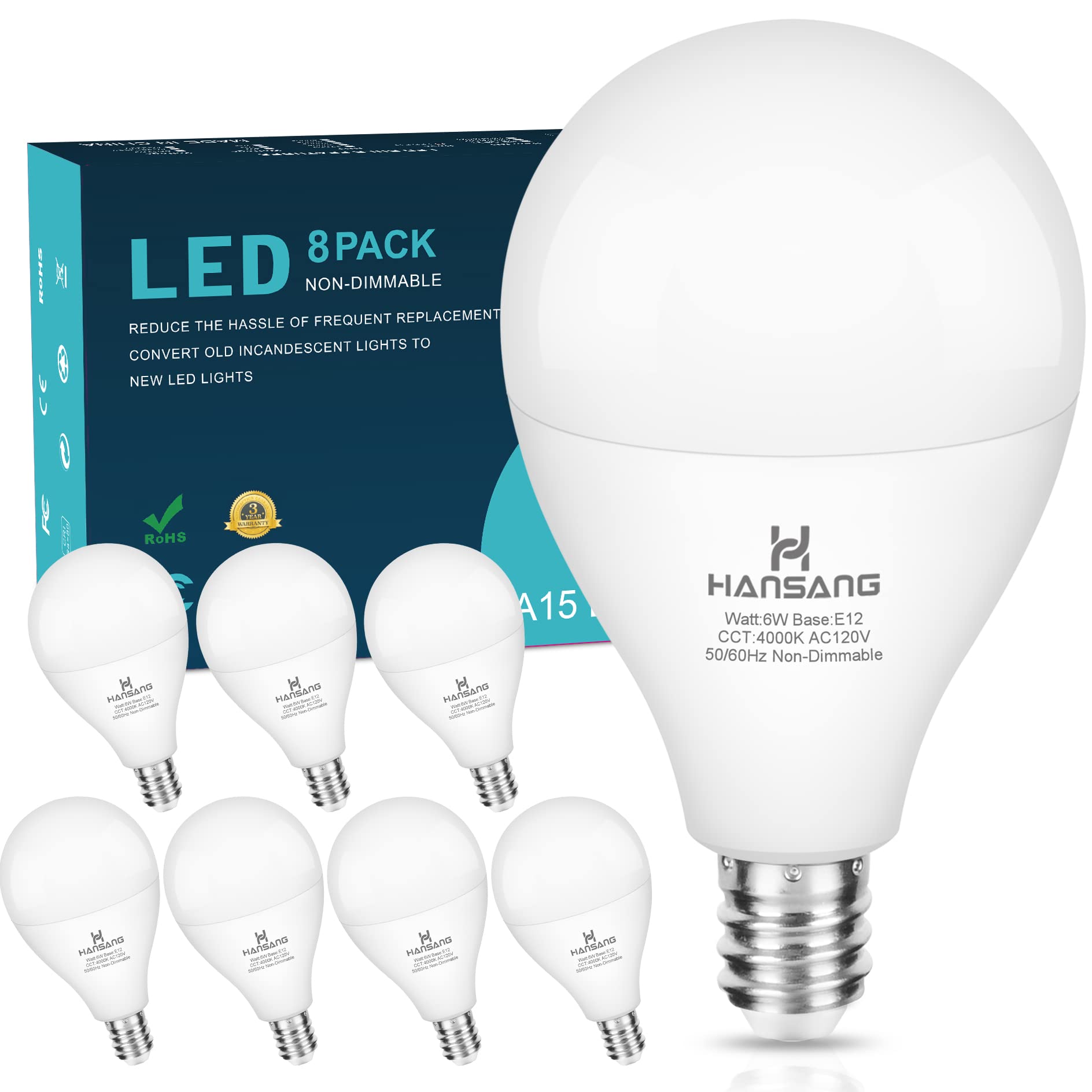 Led Ceiling Fan Light Bulbs 120V 60W Light Bulb Equivalent, Hansang E12 Candelabra Base Led Light Bulbs Natural White 4000K, 600