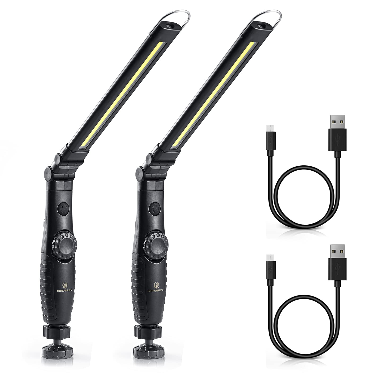 Orhomelife Rechargeable Led Work Light - 750 Lumens Foldable Led Flashlight Handheld Cordless Work Light With Magnetic Base, 360°Rotate, Power Indicator For Car Repair, Garage, Household (2 Pack)