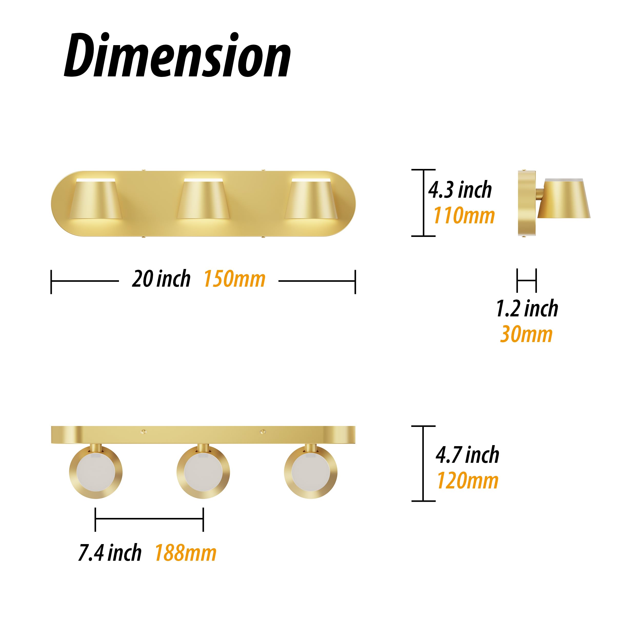 URSOLA 3 Light Bathroom Vanity Light Fixtures, Dimmable, Rotatable, Metal, White, 20 inch, Model 7540WH-3T