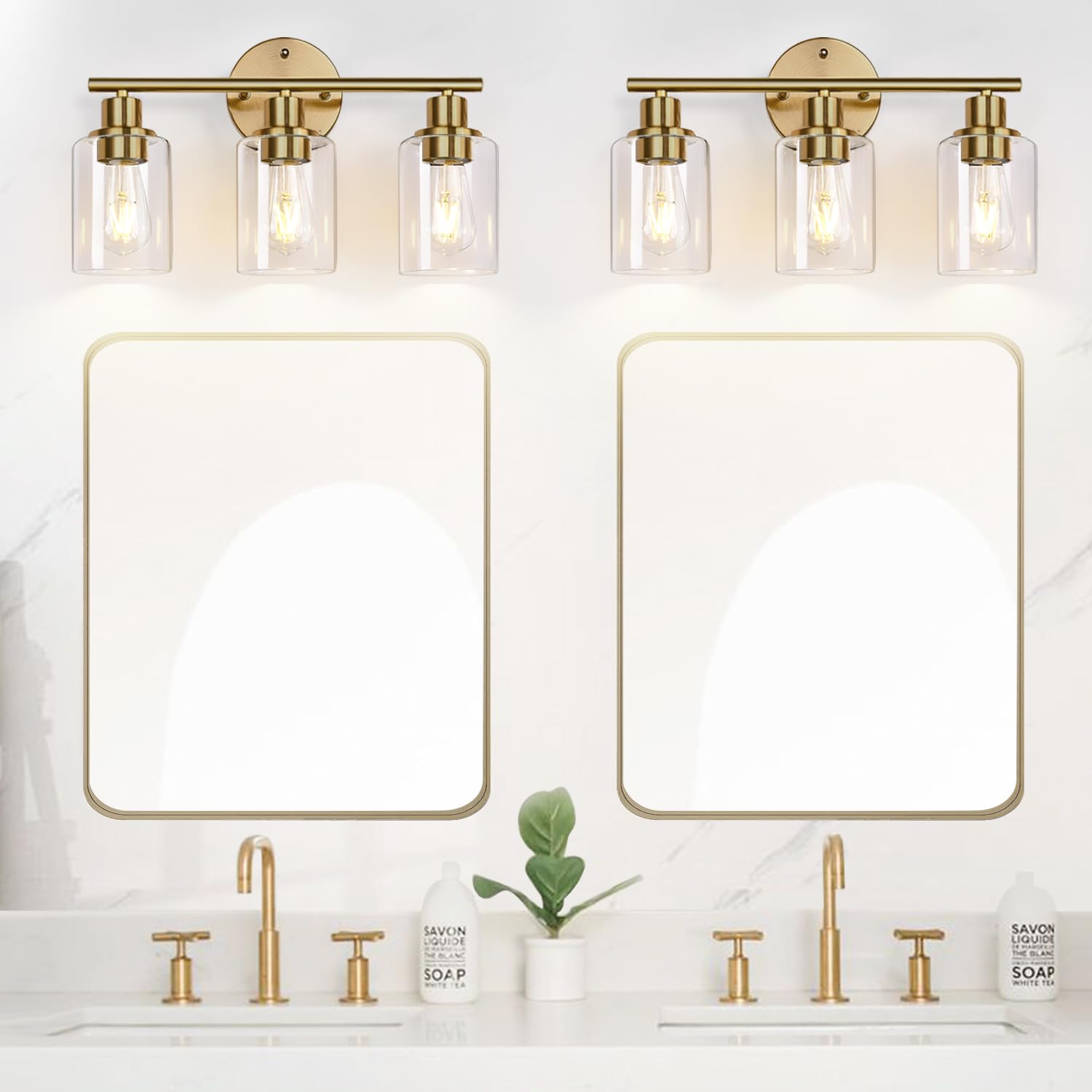 Zarbitta 3-Light Gold Bathroom Vanity Light Fixture, Brushed Brass with Clear Glass Shade, Modern Wall Mount for Mirror, Kitchen, Bedroom