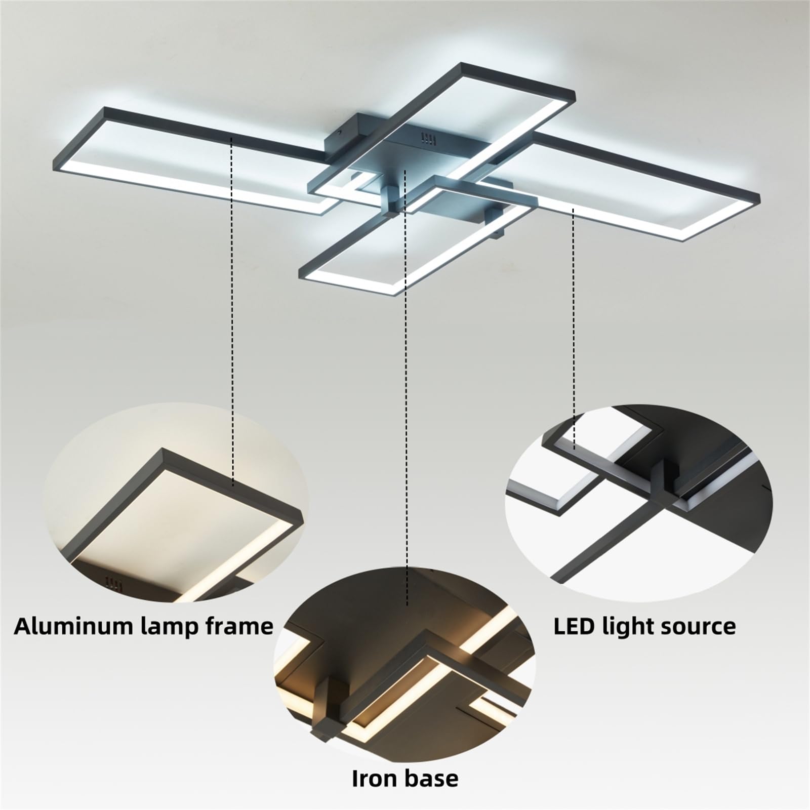 Fbfc 47'' Modern Led Ceiling Light Fixture 65W Dimmable With Remote Control Ceiling Lighting, Black Flush Mount Chandelier Ceili