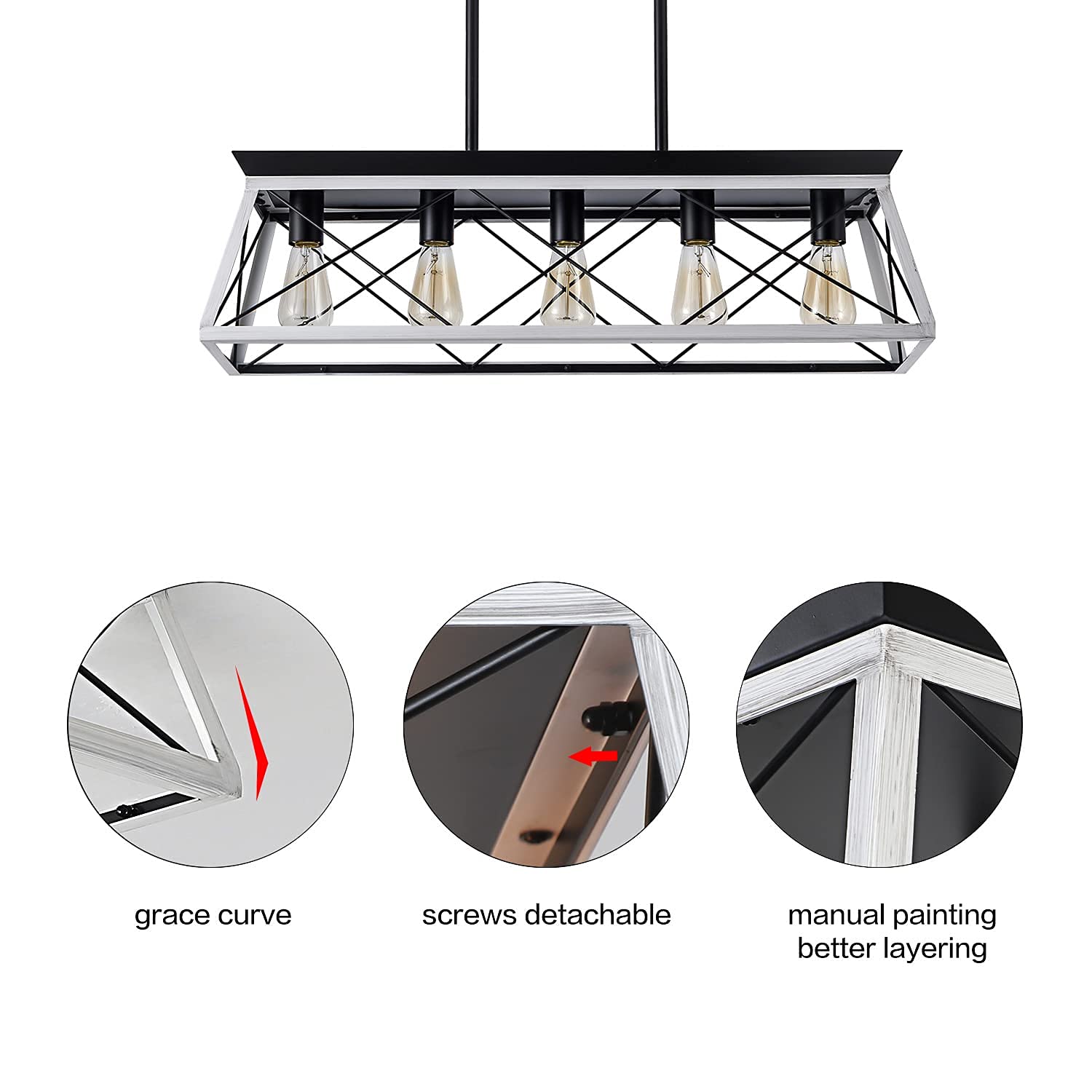 XIPUDA 5-Light Farmhouse Pendant Light Fixture, Metal Chandelier for Dining Room, White Rectangular Design, Model XPD-0009x