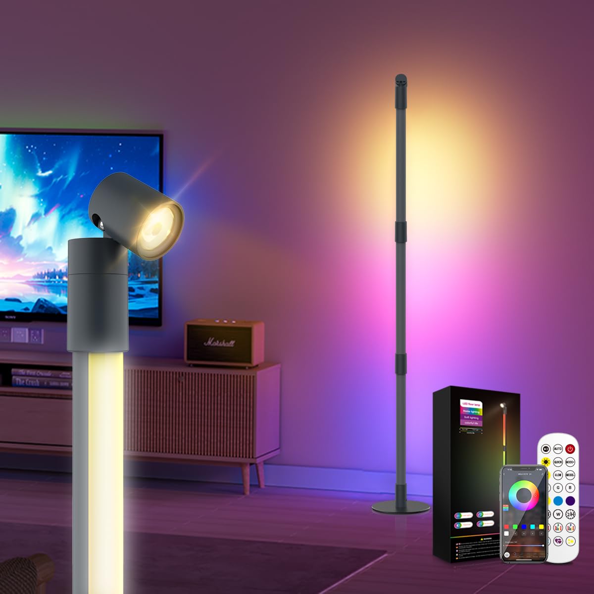 SANBEN RGB+IC Floor Lamp, Smart LED Corner Lamp with Music Sync and 16 Million DIY Colors, App & Remote Control, 360 Rotating St