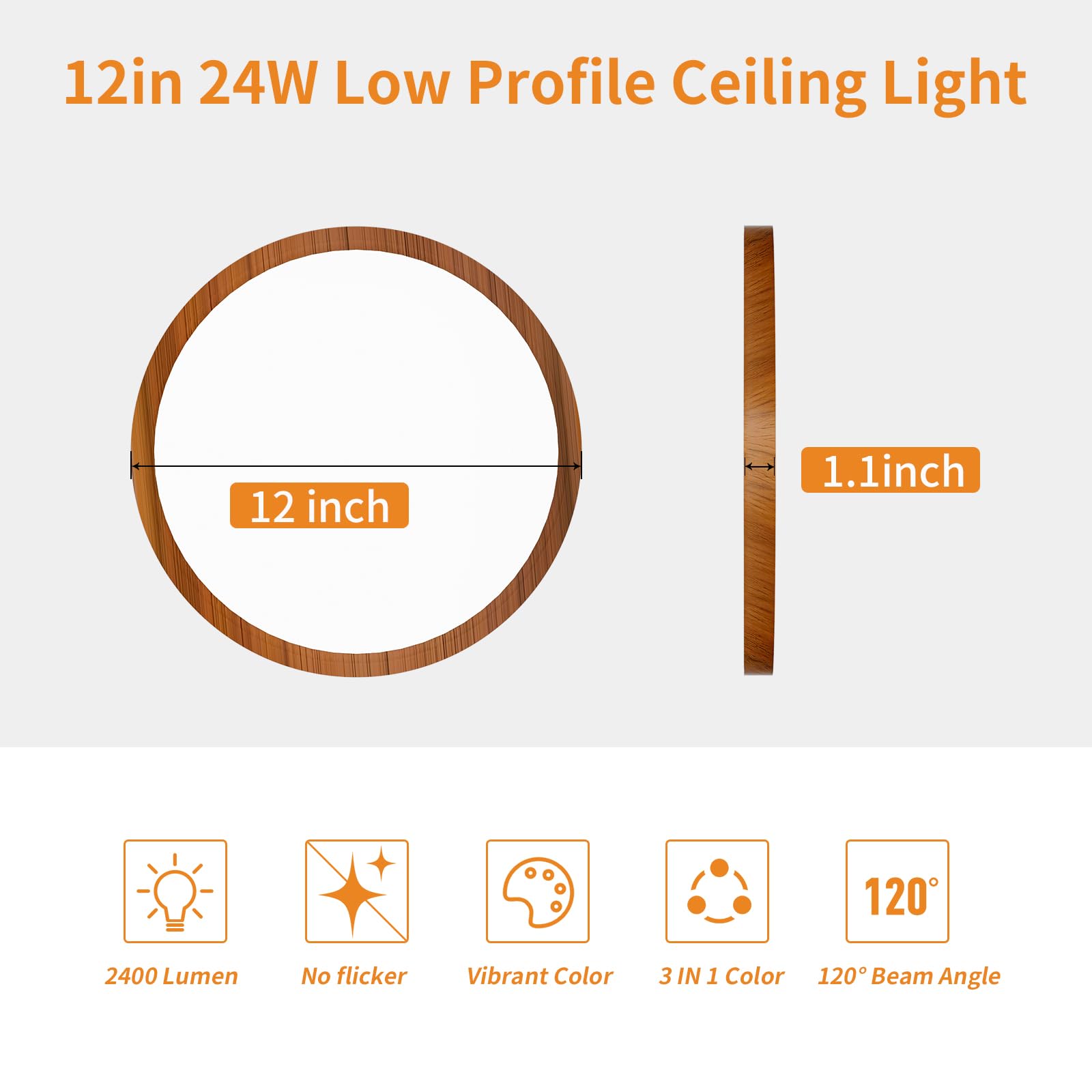 Light Fixtures Ceiling Mount: 12 Inch 24W Wood Grain 3Cct Led Ceiling Light 3000K-4000K-6000K Selectable Flat Low Profile Round Ceiling Lights For Bedroom Laundry Closet Hallway - Walnut