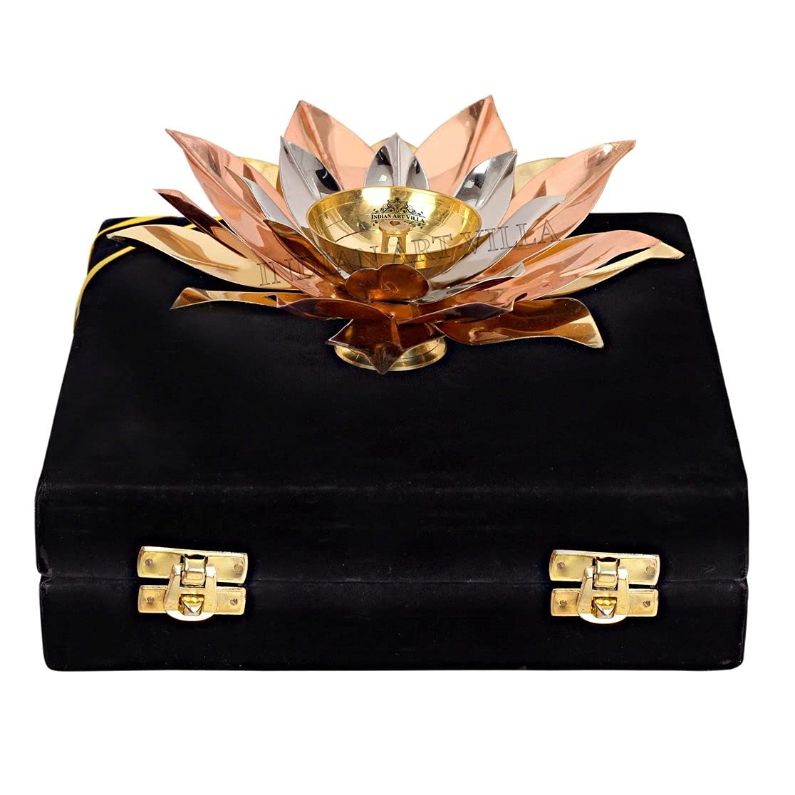 INDIAN ART VILLA Silver Gold & Copper Plated Lotus Design Akhand Diya Deepak, Arti Poojan Temple Home Dcor, Width 8 Inch