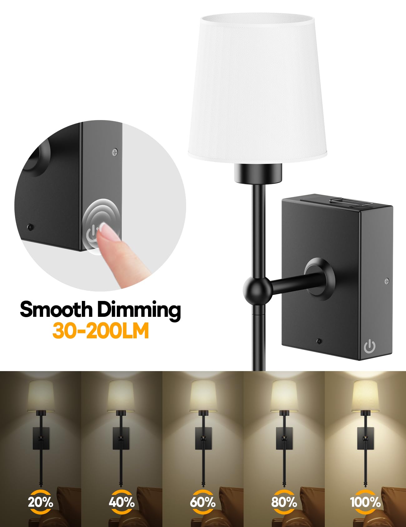 TOOWELL Battery Operated Wall Sconce Set of 2, Dimmable LED, Black, 8000mAh, Wireless Remote, Ideal for Home Decor