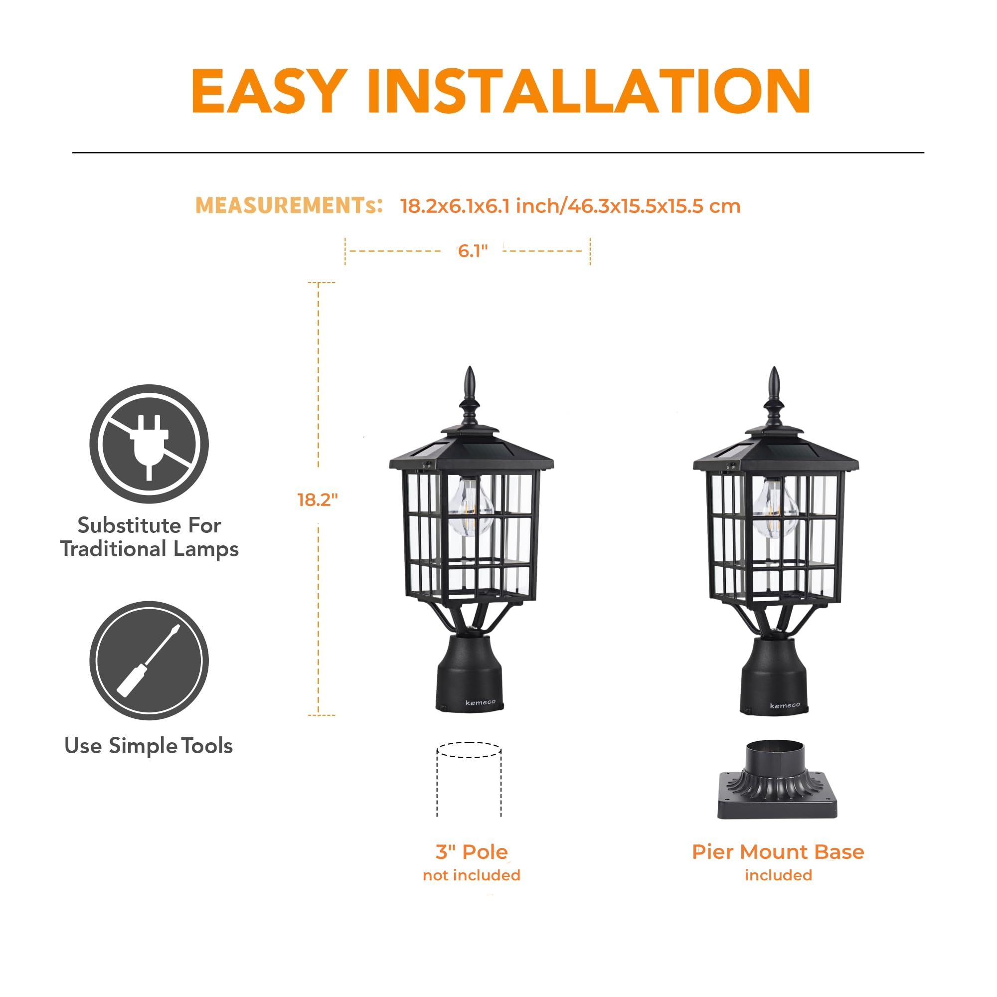 Kemeco Solar Post Light, Outdoor LED Fixture, 3in Pier Mount Base, Black, Model 4224, Metal Construction