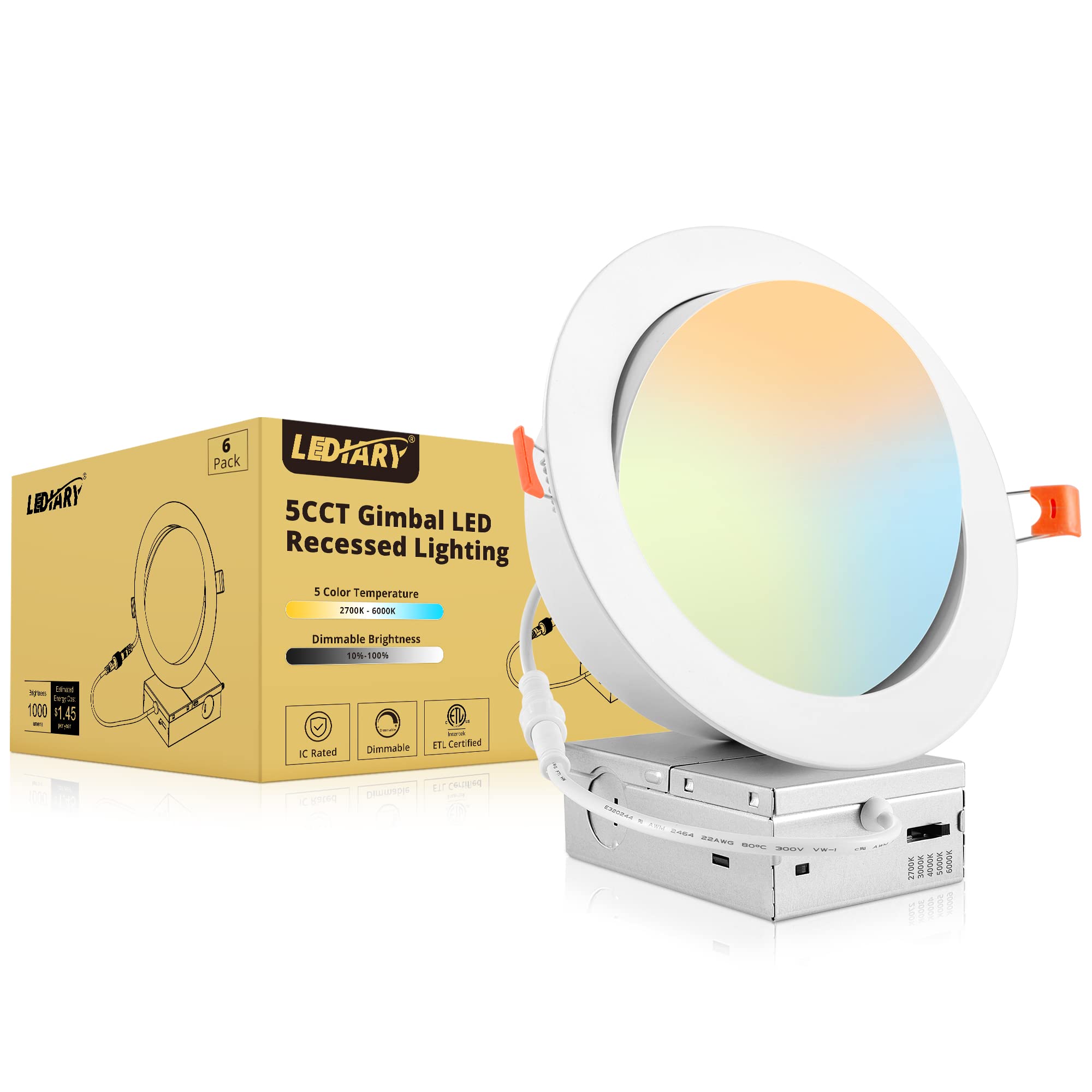 LEDIARY 6 Pack Gimbal LED Recessed Lighting 6 Inch, 5CCT Adjustable Recessed Light Slim Selectable 2700K-6000K,750LM Air Tight C