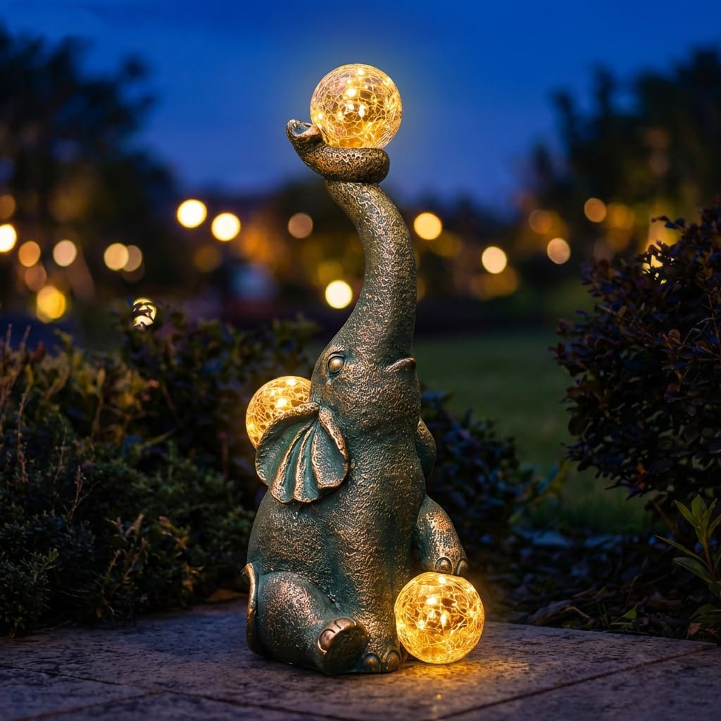zuzuzen Solar Elephant Statue Outdoor Decor with 15 LED Crackle Ball, Garden Patio Sculpture Light, Waterproof Lucky Elephant Gi
