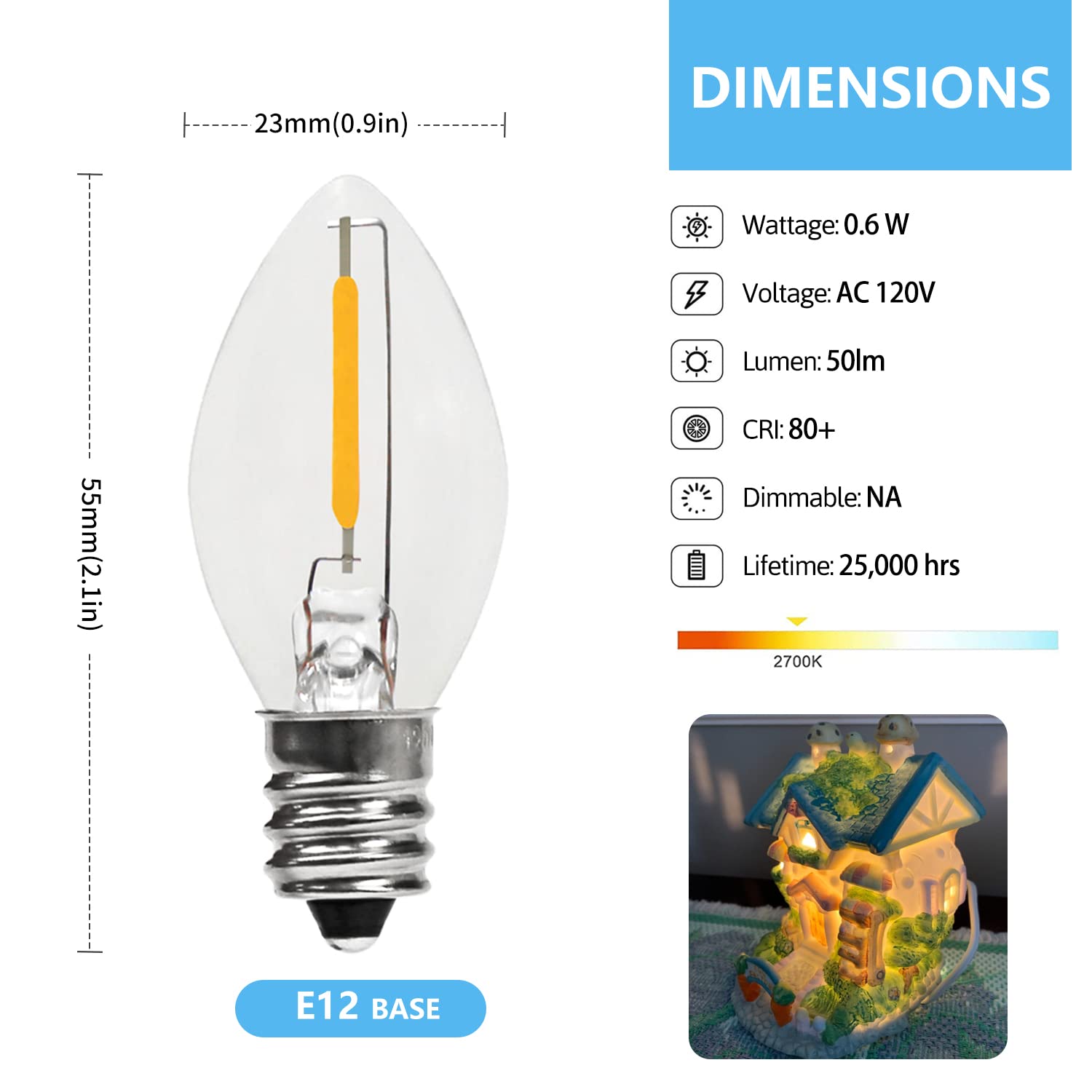 Futime Set Of 4 Accessory Cord With One Led Light Bulb 6Ft Blow Mold Light Indoorstring Lights, C7 Lamp With Spare Fuse For Halloween And Christmas Decorations, Craft Village House Decoration