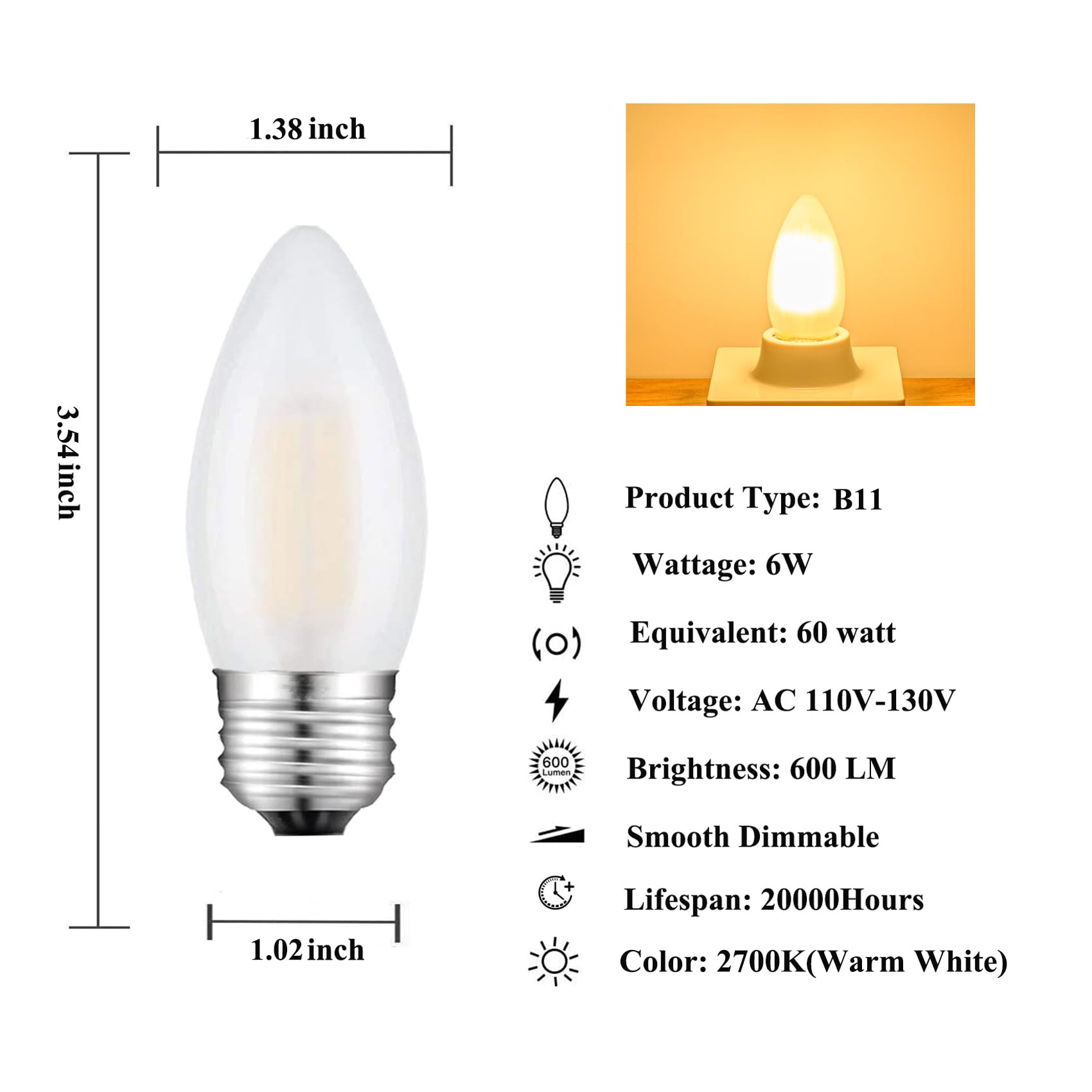 Beonllay Dimmable 60 Watt Equivalent B11 Led Filament Bulb E26 Candelabra Medium Base 2700K Warm White, Chandelier Decorative Ca