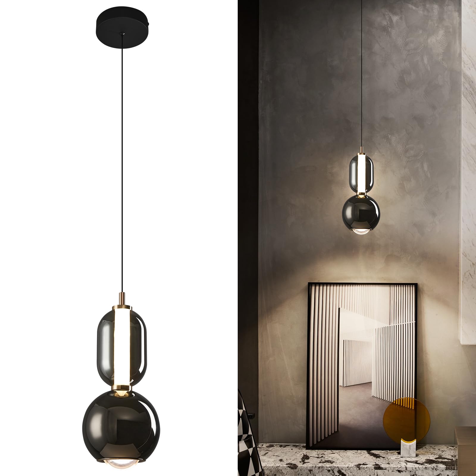 ADCTHOME Modern Glass Pendant Light  Black Pendant Lighting LED Dimmable  Adjustable Pendant Lights Kitchen Island Dinning Room Bedroom Bar  Kitchen Island Ceiling Hanging Light Fixtures(1-Pack)