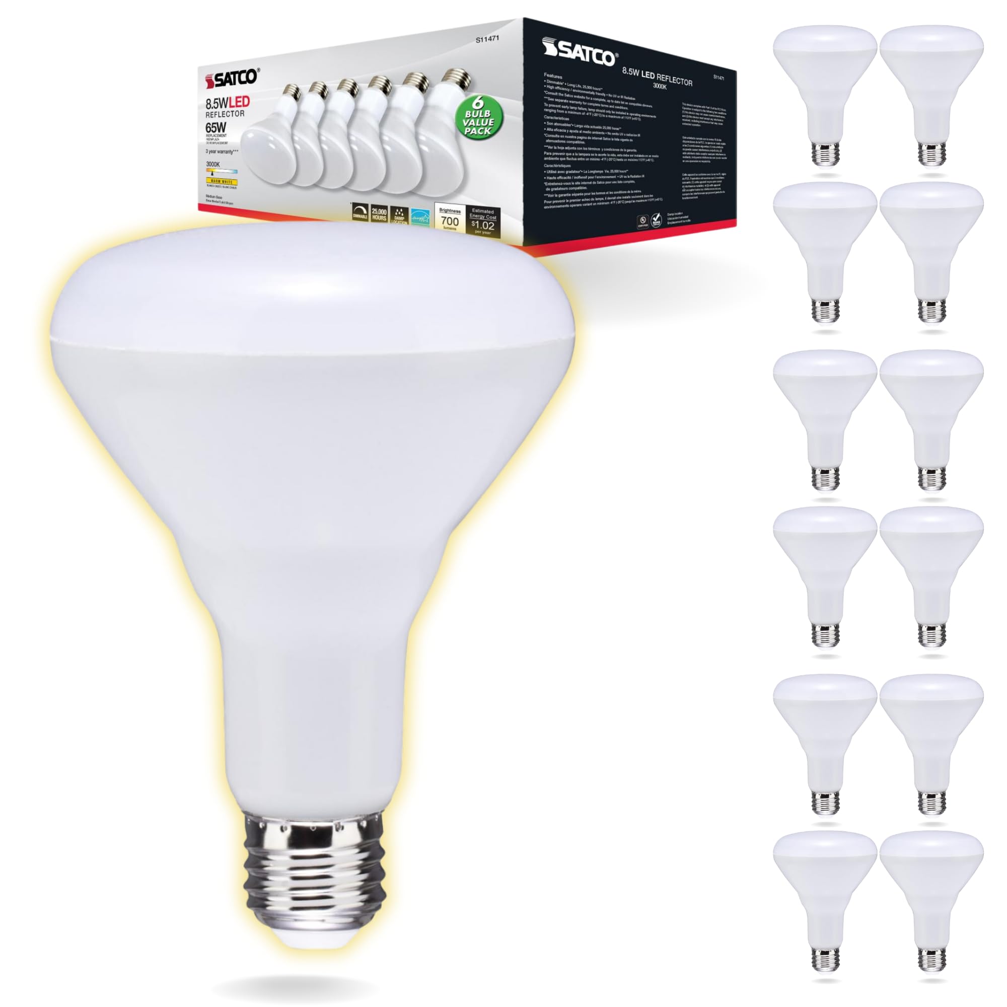Satco S11471 8.5 Watt; Br30 Led Light Bulbs - 3000K (12 Led Light Bulbs)