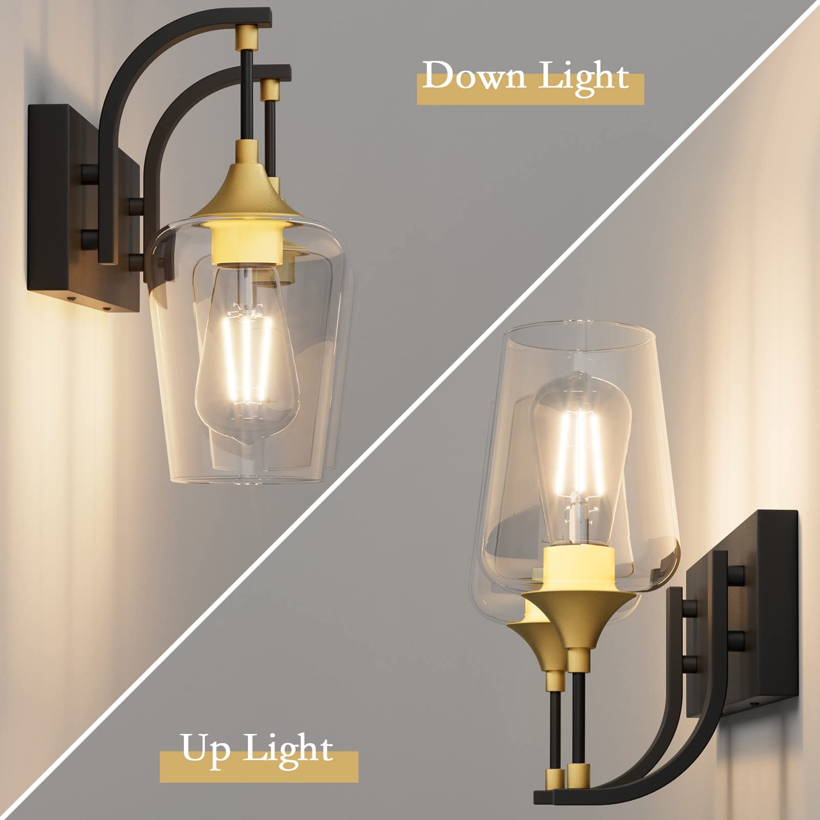 Ralbay Black/Gold Vanity Light 2 Lights Industrial Bathroom Light Fixtures Over Mirror With Clear Glass Black Bathroom Wall Mount Lighting Sconce