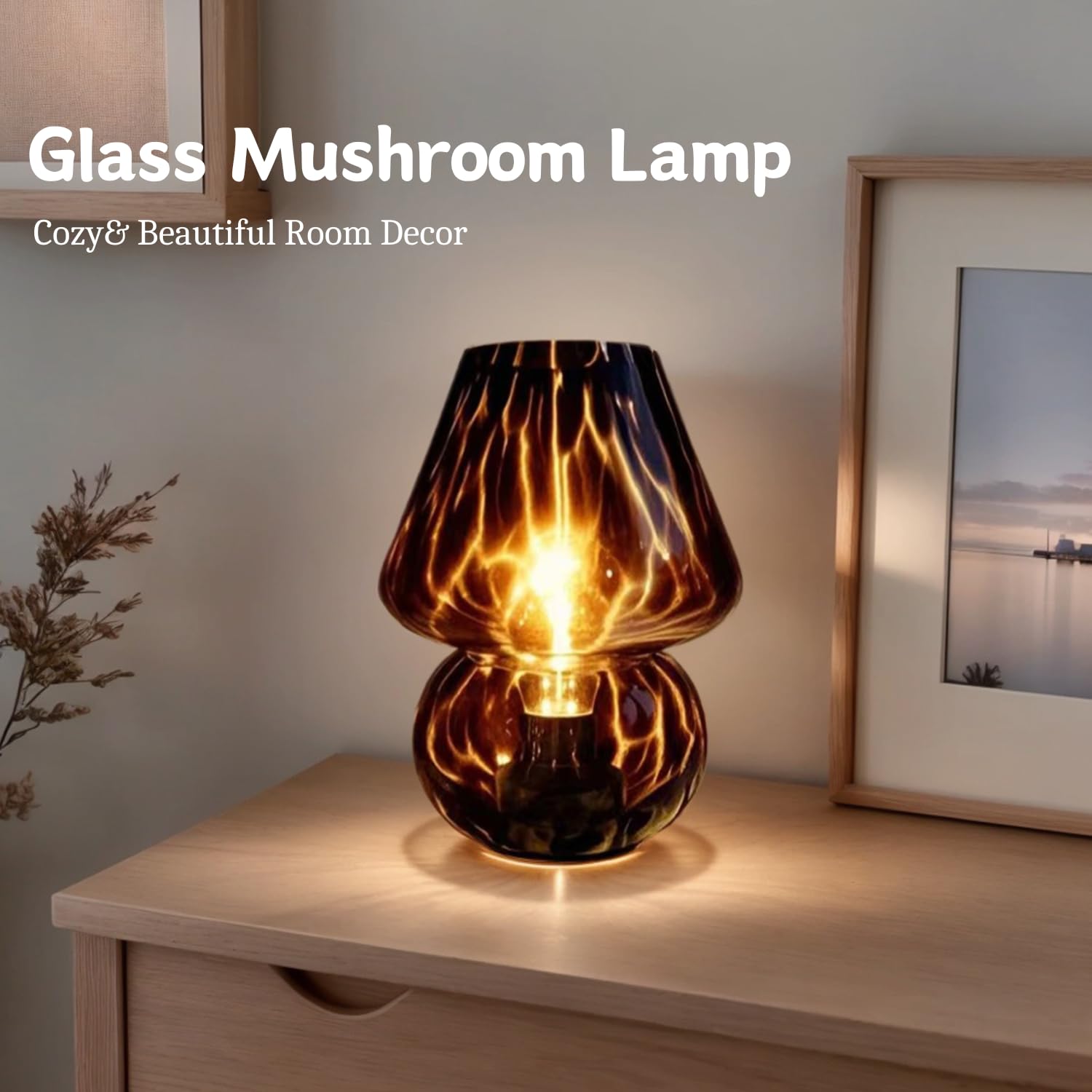 Aomoonoa Glass Mushroom Lamp, Mushroom Desk Lamp With Led Bulb, Small Brown Battery Operated Cordless Lamps For Kitchen Counter,