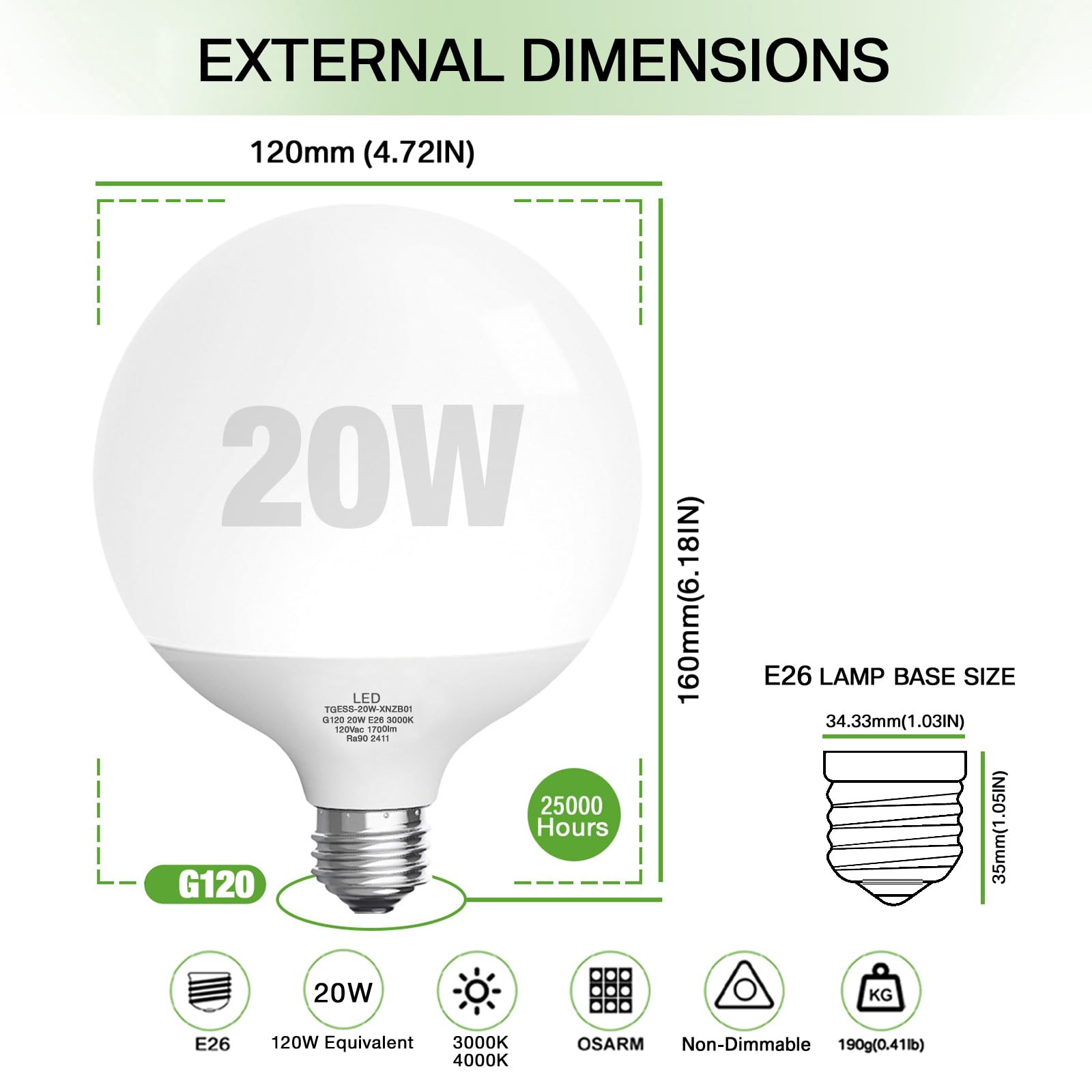 Jardhom Dimmable G120 LED Light Bulb, 20W (200W Equivalent), 5000K Daylight, E26 Base, 2000 Lumen, ABS,