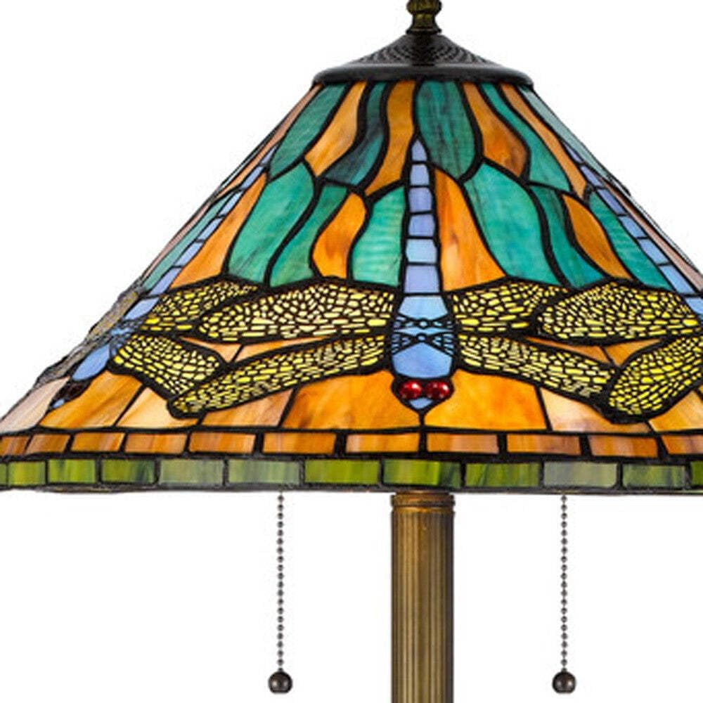 HomeRoots Brass Two Light Traditional Floor Lamp with Dragonfly Tiffany Glass Shade, 63 in., Blue & Orange