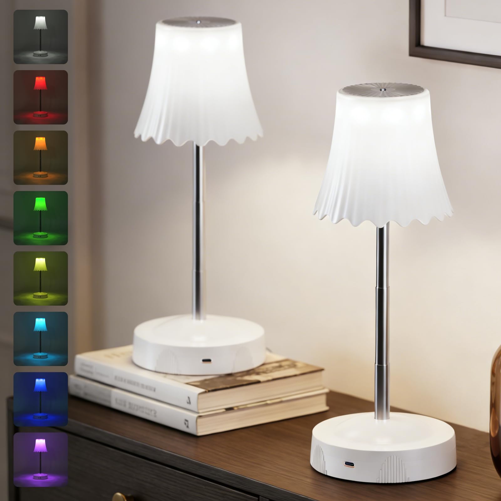 DEXULESA 2 Pack Rechargeable Table Lamp, LED Cordless Table Lamp with 3 Color Temperatures & Stepless Dimming, 7 RGB Colors Batt