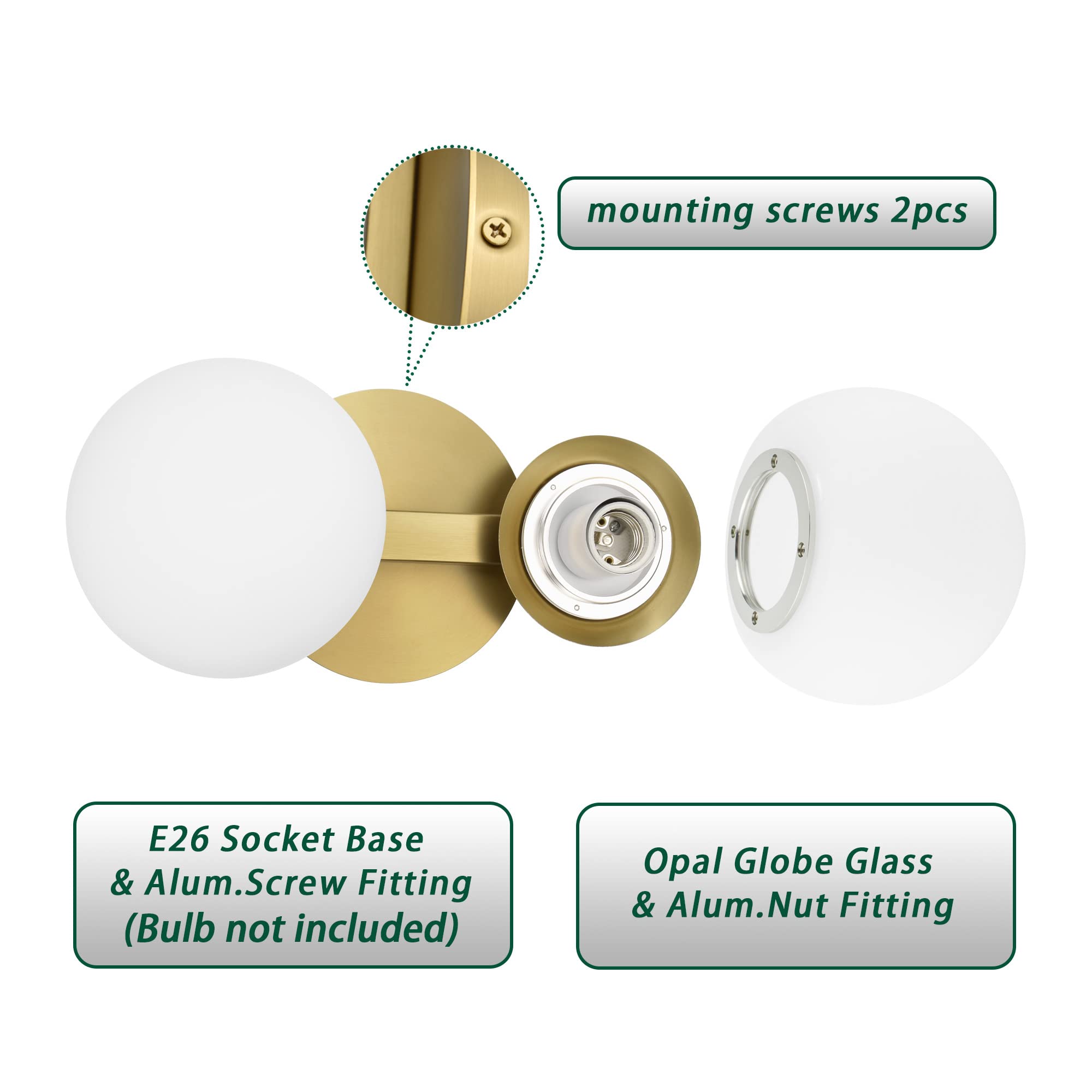 Bathroom Vanity Light Fixtures, Modern 2 Lights Globe Wall Sconce Lighting Aged Brass, Porch Wall Mount Light Fixture For Bathro