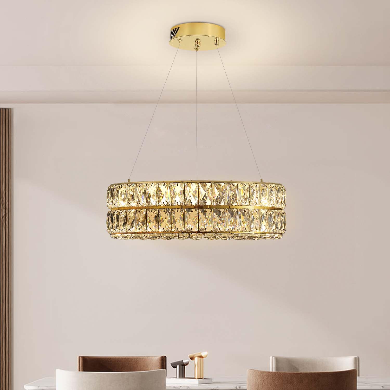 Idequy Led 15.7'' Gold Ring Crystal Chandelier, Modern Dimmable Chandeliers Lighting And Hanging Adjustable, Led Round Ceiling L