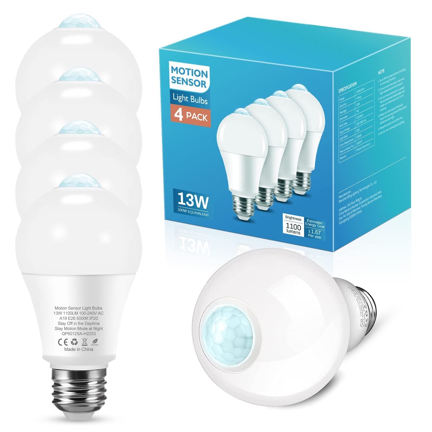 Mikewin 13W Motion Sensor Led Bulbs - 4 Pack, 5000K Daylight, Indoor/Outdoor Security Lighting