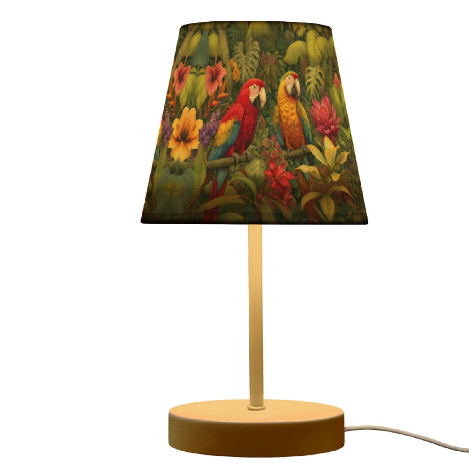 Peystean USB 3-Color Dimmable LED Table Lamp, Tropical Tree Leaves Colorful Parrots 10.8 High Linen Bedside Nightstand Light wit