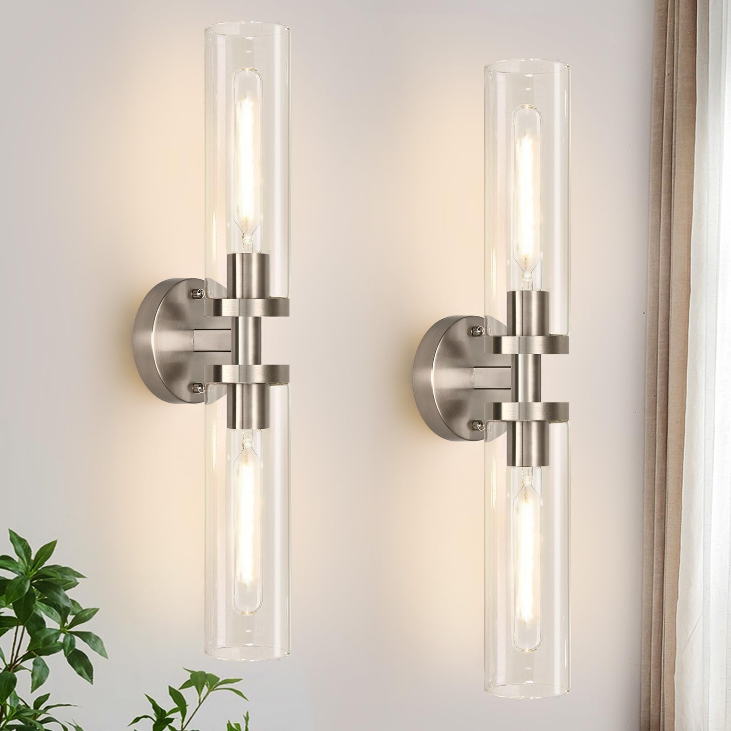 Wall Sconces Set Of Two, Hardwired Brushed Nickel Bathroom Sconces Wall Lighting With Clear Glass, Modern Sconces Wall Decor Set